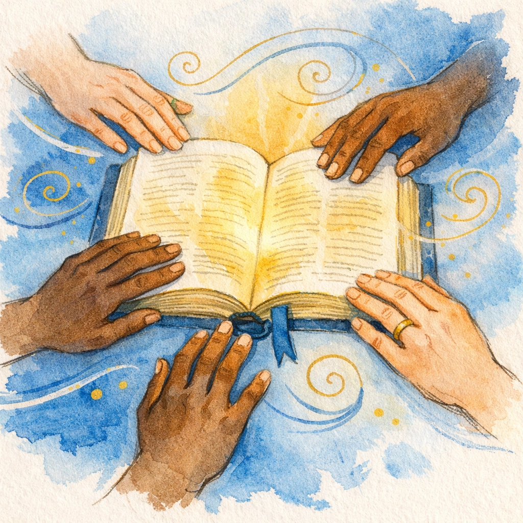 Diverse hands from multicultural community reaching toward open Bible representing unity in faith
