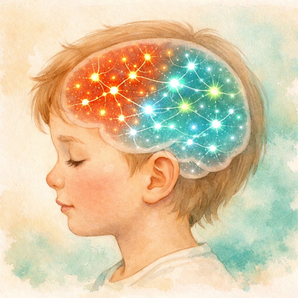 Illustration of child's brain showing neural activity during sensory overload and calm states
