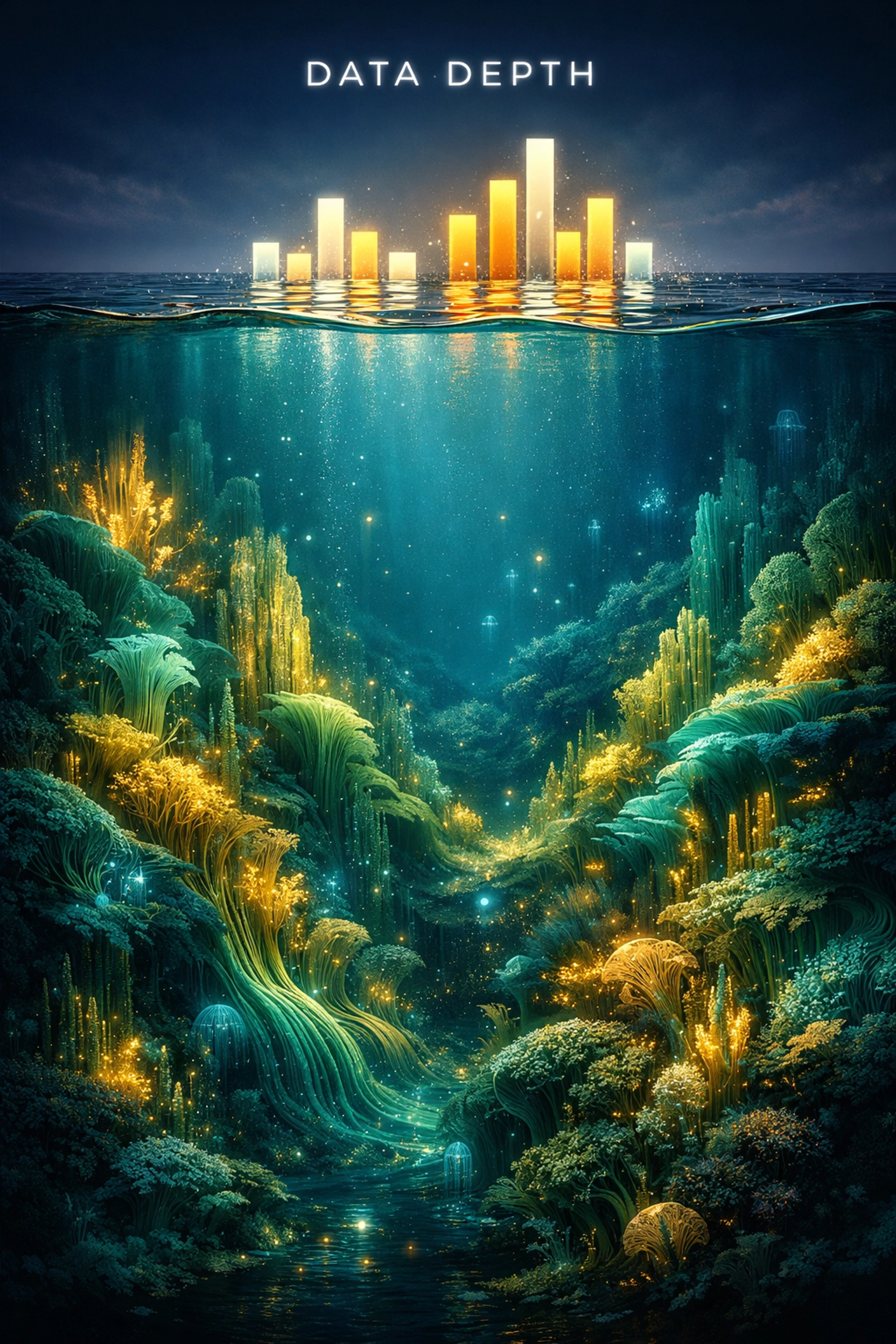 Deep data visualization comparing surface metrics with complex human sentiment and long-term customer value.