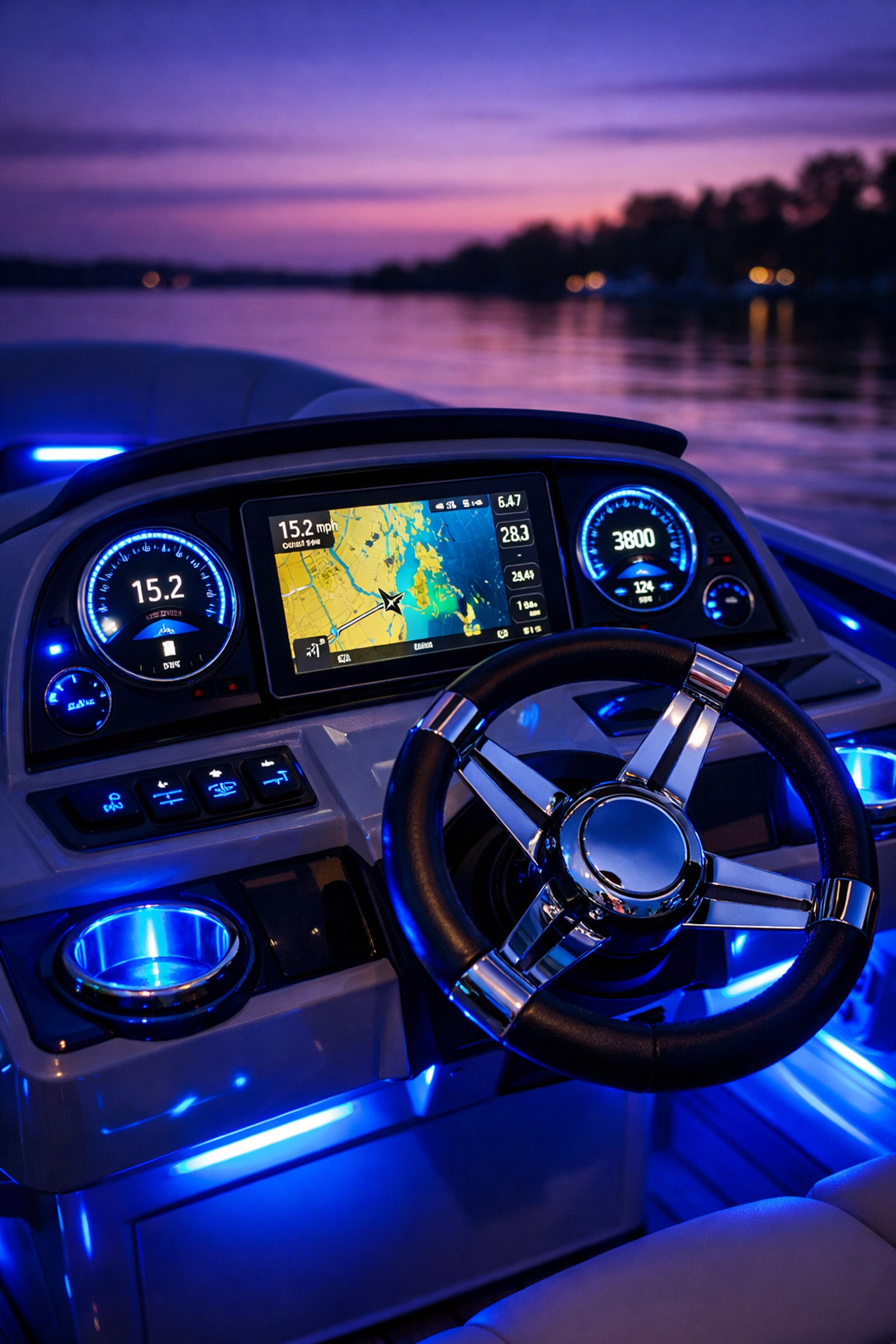 High-tech pontoon boat dashboard featuring digital GPS, blue LED lighting, and modern marine electronics.