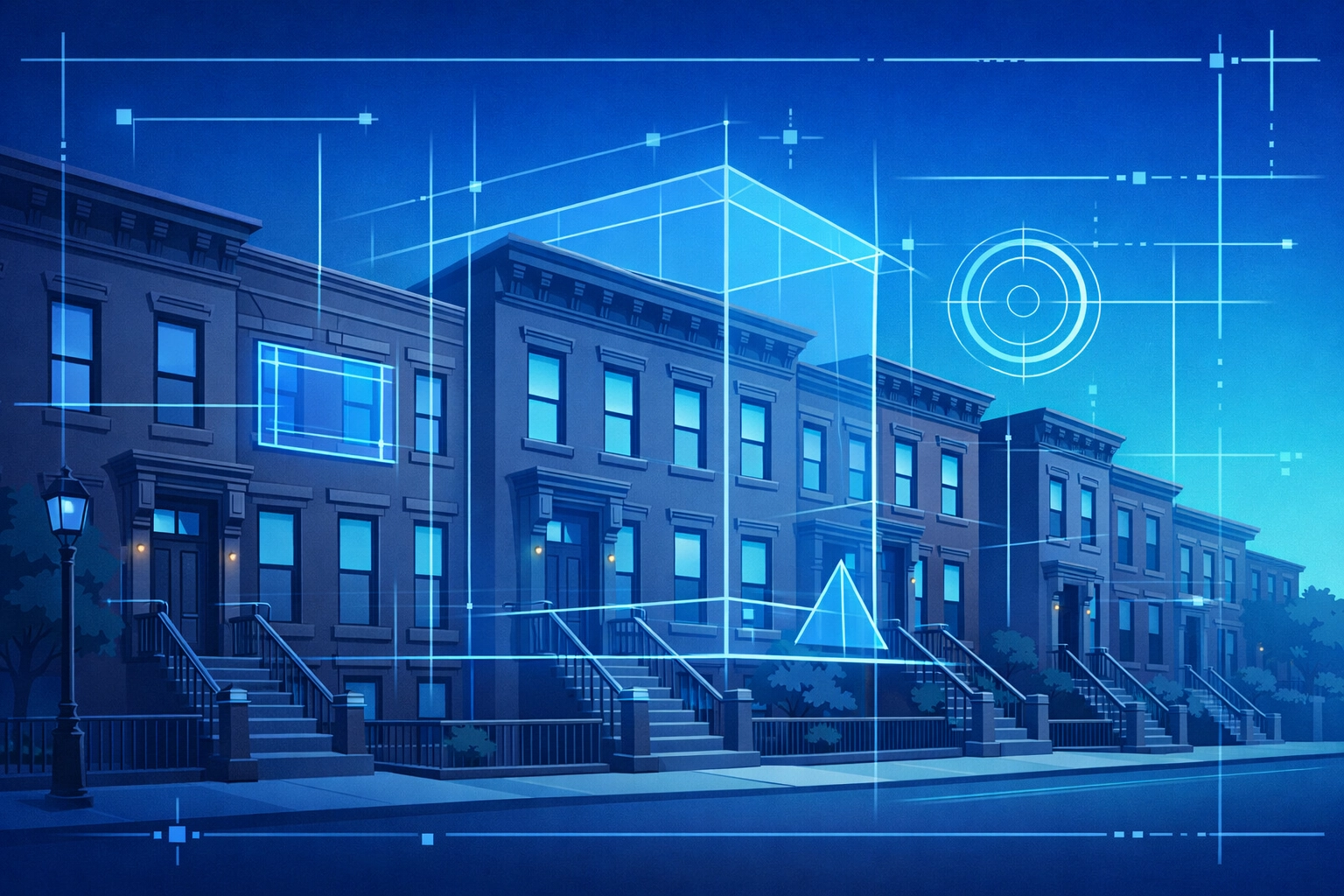 Digital compliance monitoring and tech overlay on a classic Brooklyn brownstone street.