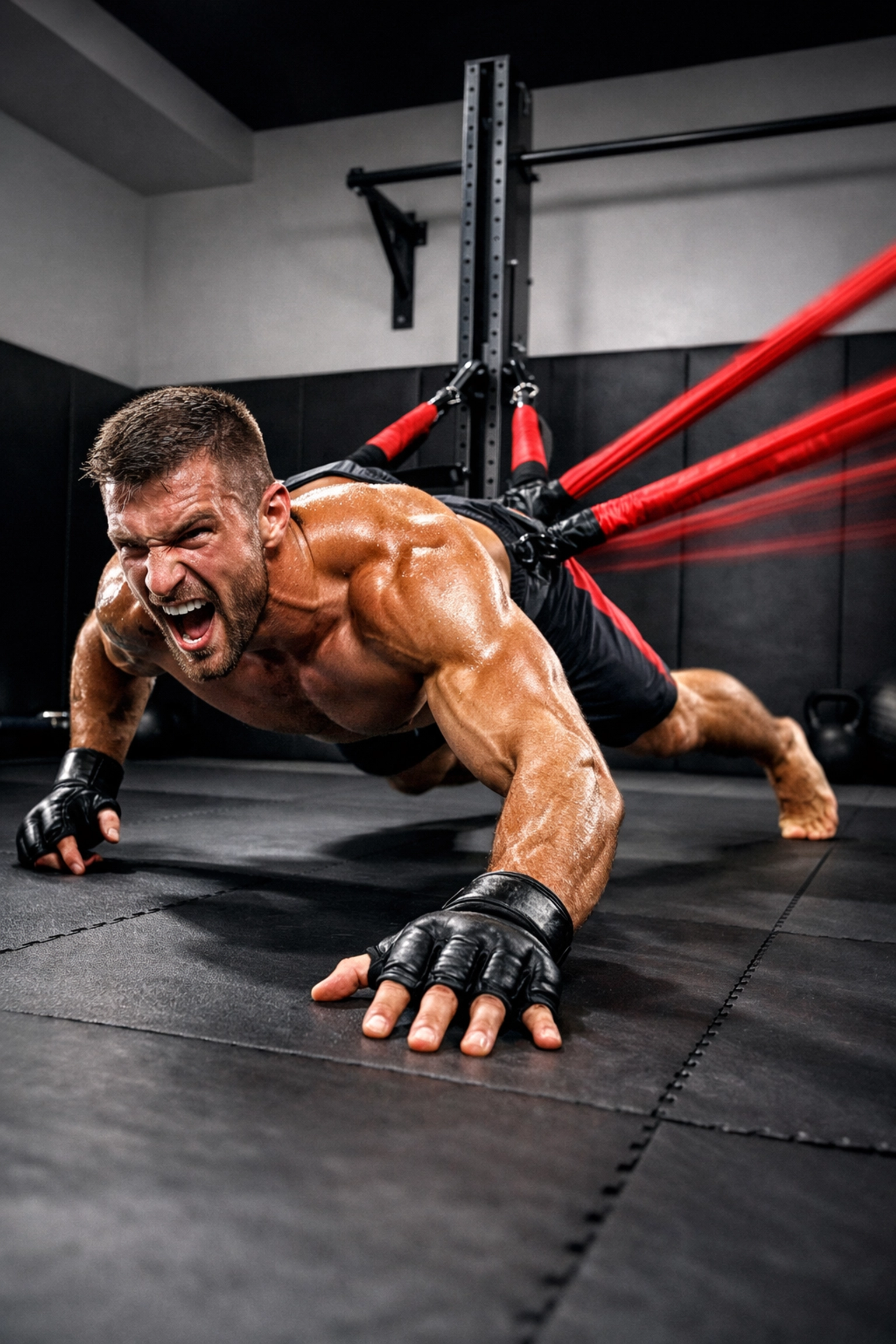 MMA fighter performing explosive drills using resistance bands and calisthenics equipment for home.
