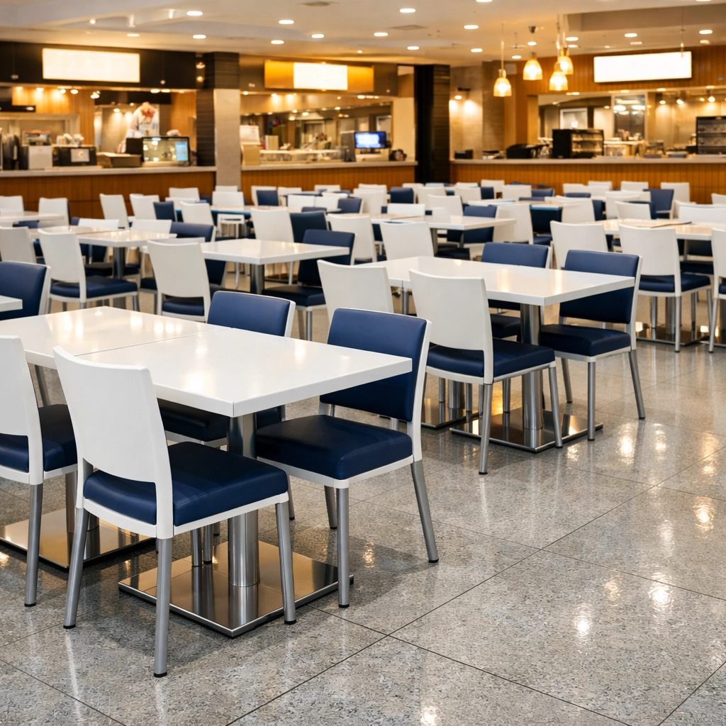 Spotless sanitized food court dining area in a Peabody shopping center representing high hygiene standards.