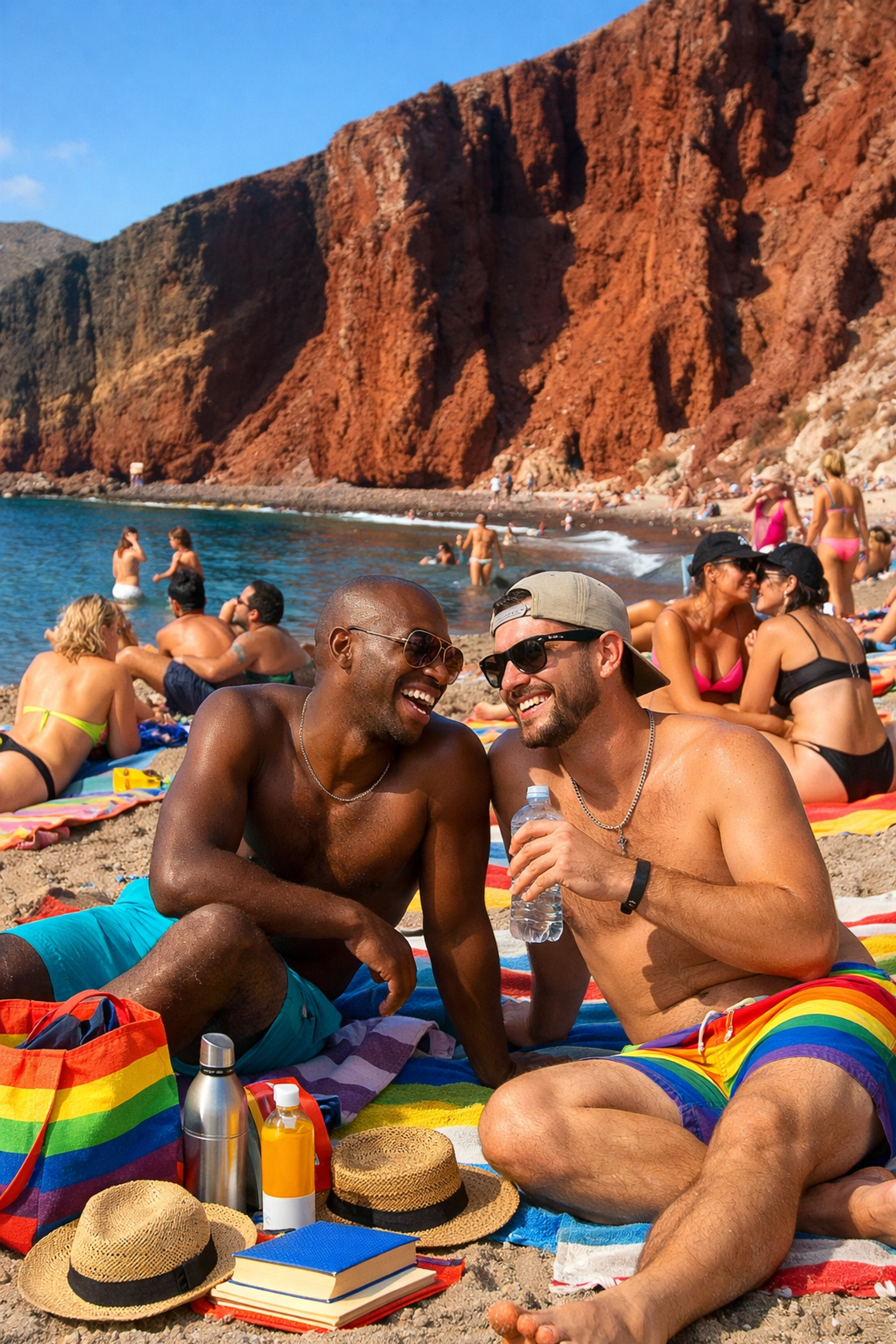 LGBTQ+ travelers relaxing at Red Beach Santorini against dramatic crimson volcanic cliffs