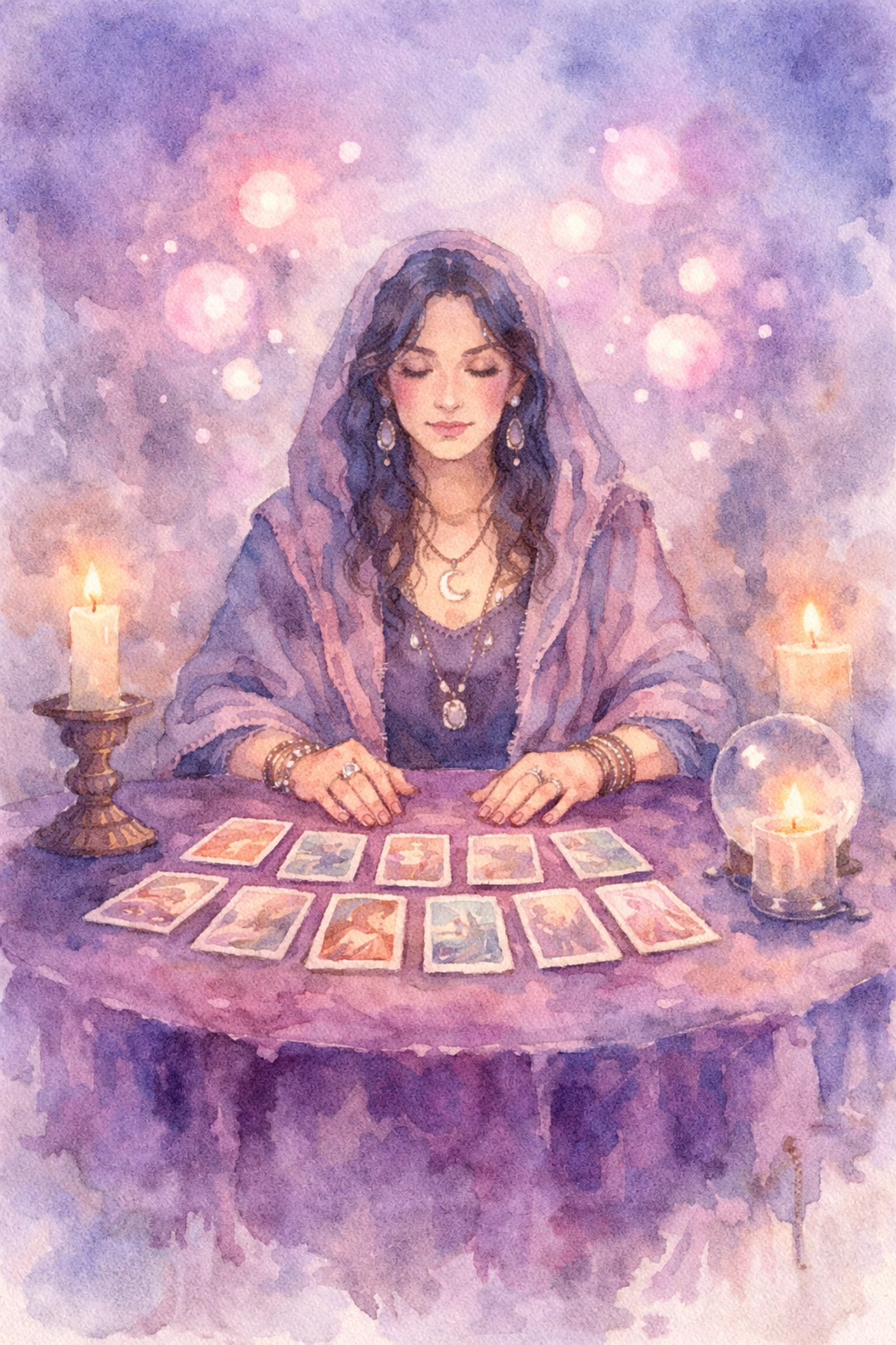 Psychic medium performing tarot card reading at table with spiritual atmosphere