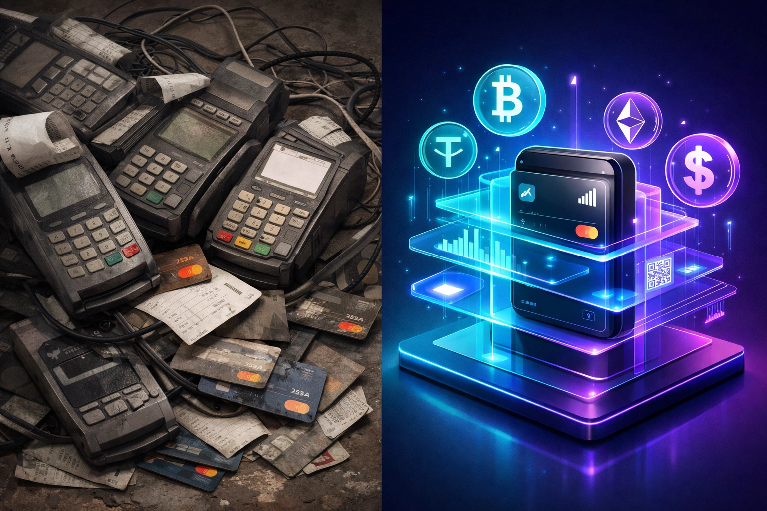 Legacy payment terminals versus modern crypto wallet showing evolution to Web3 merchant solutions