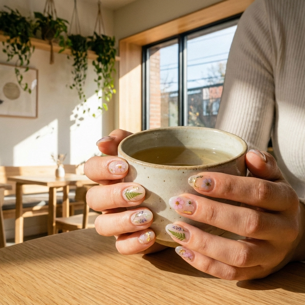 Woman's hands with Japanese gel nails and floral art holding herbal tea, illustrating chic eco-conscious nail trends.