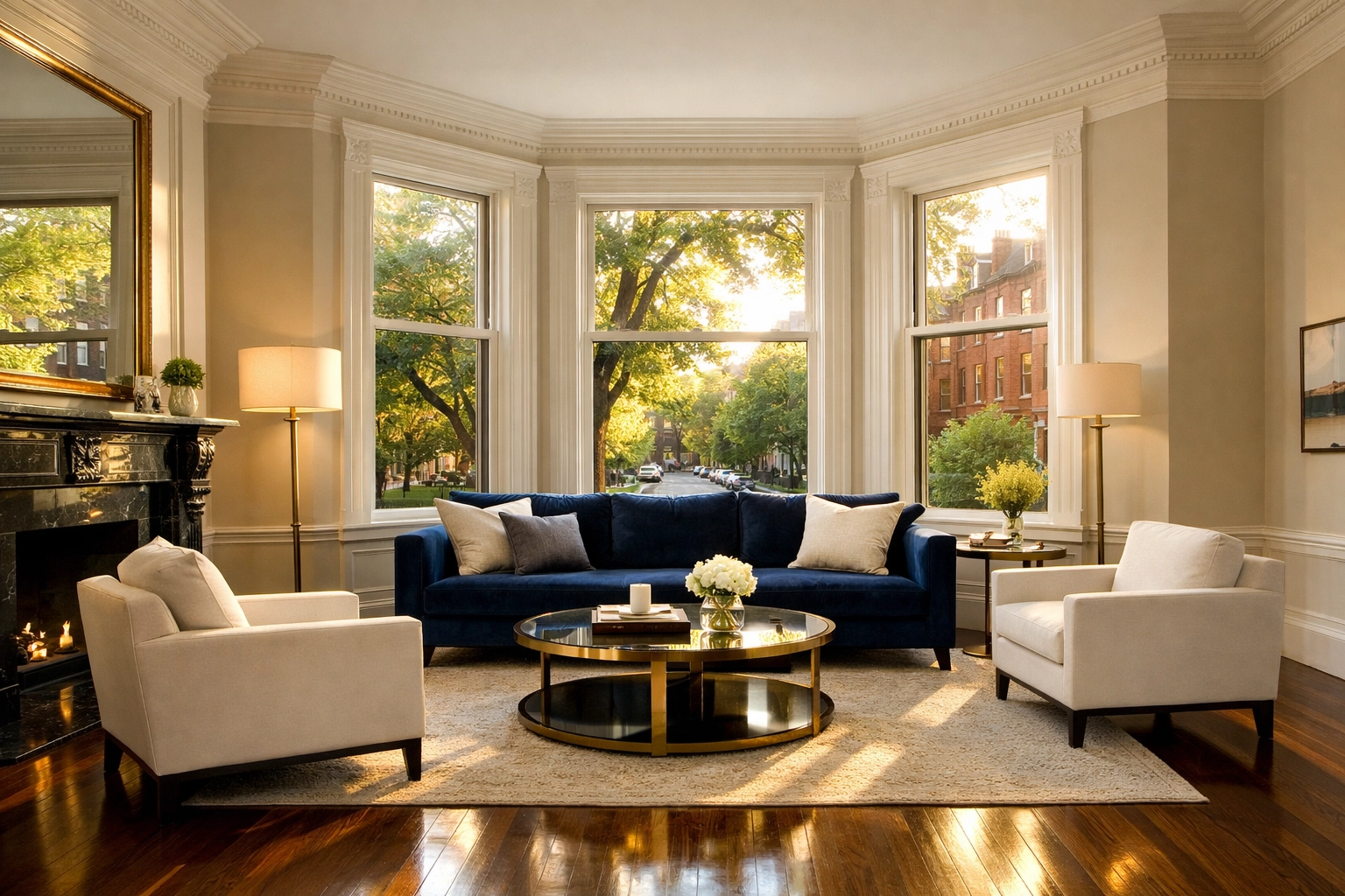 Spotless living room after professional house cleaning Cambridge MA in a historic Harvard Square brownstone.