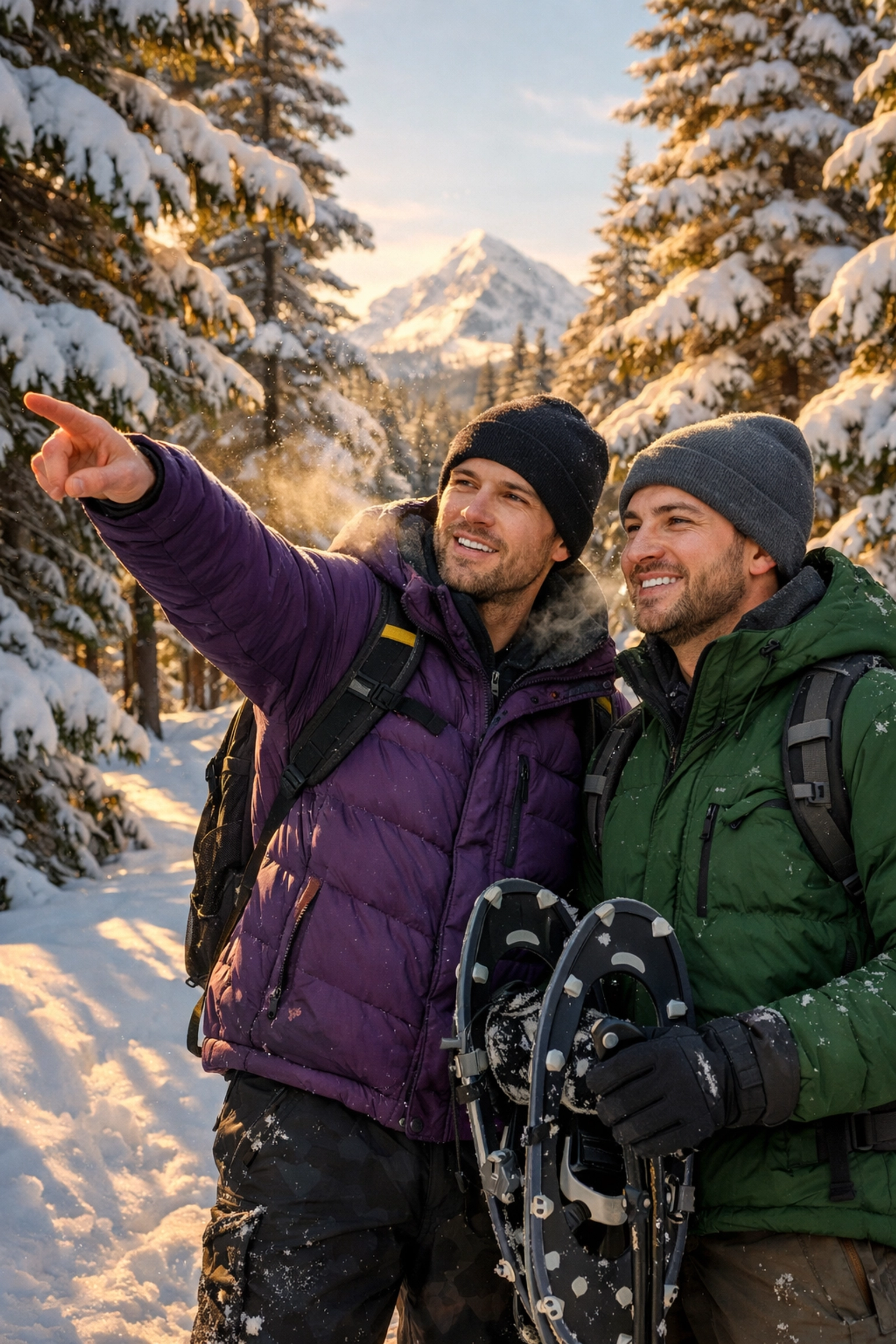 Two gay men snowshoeing through snowy forest trail in winter