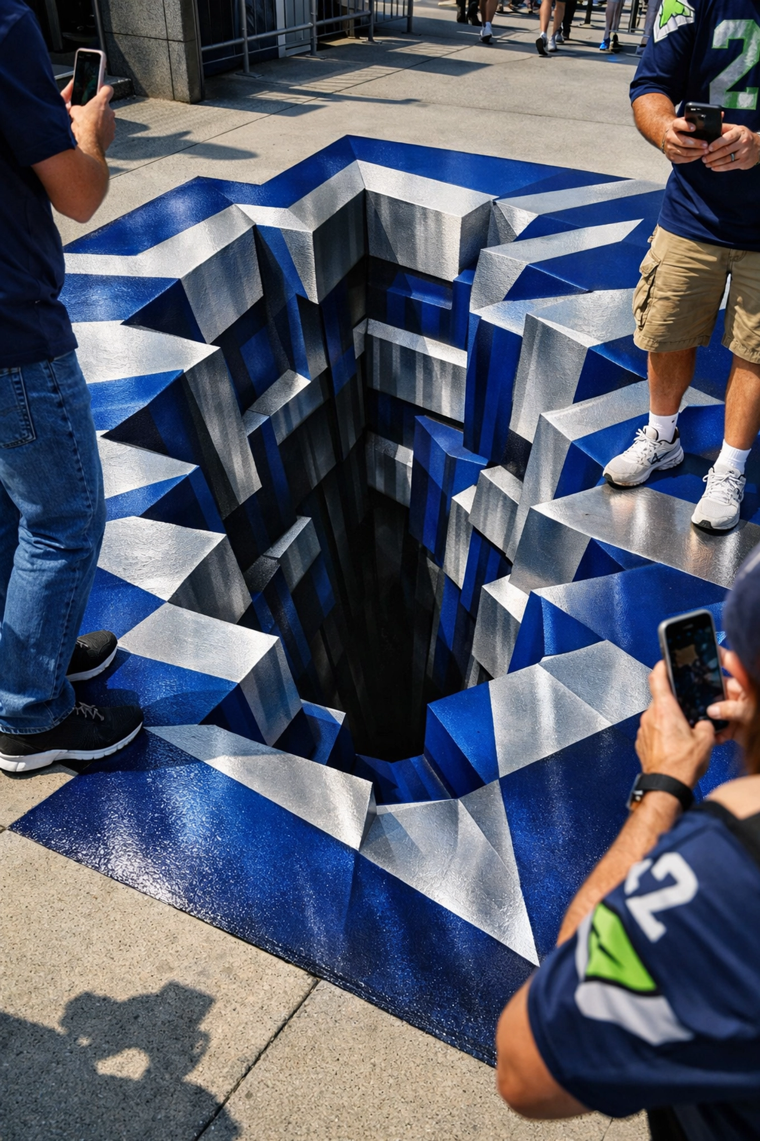 Stadium floor graphic installation with fans taking photos at Super Bowl venue entrance
