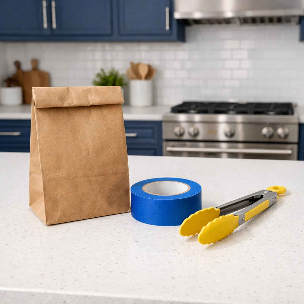 Safe glass disposal supplies including a paper bag, tape, and tongs on a clean kitchen countertop.