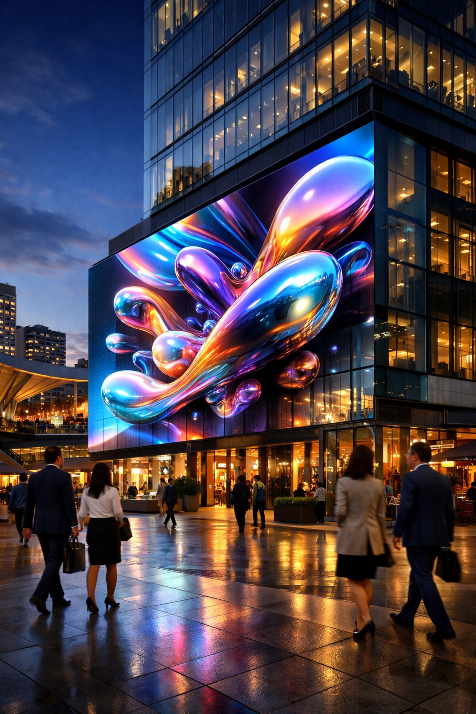 Innovative 3D digital signage on a modern glass building showcasing visual media solutions by Dakdan Worldwide.