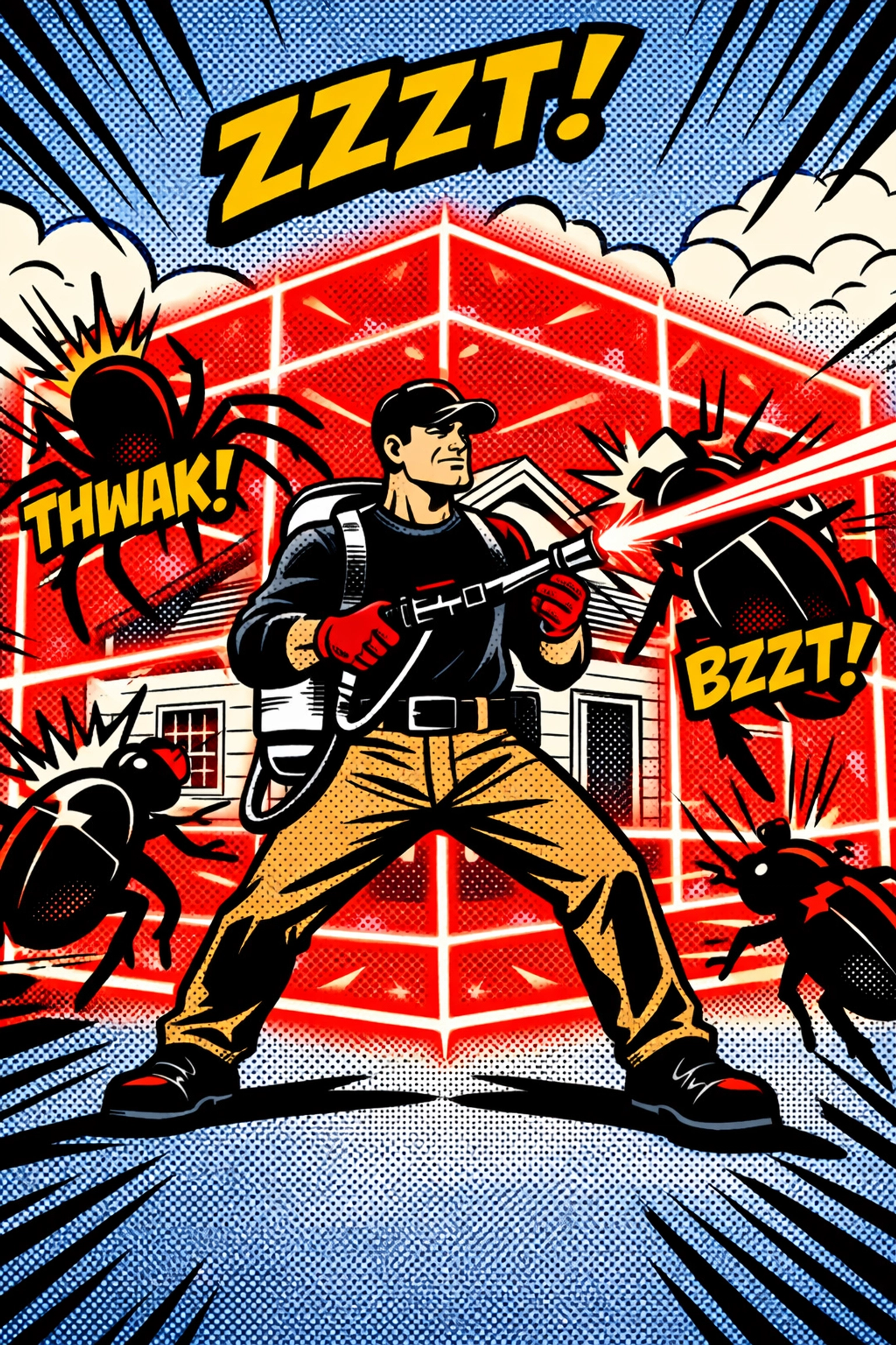 Heroic Jasper AL exterminator creating a protective 3x3 barrier defense against spiders and insects.