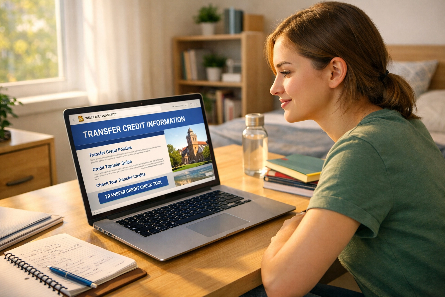 College student researching CLEP credit transfer policies on laptop using Transferology website (1x1, center safe zone)