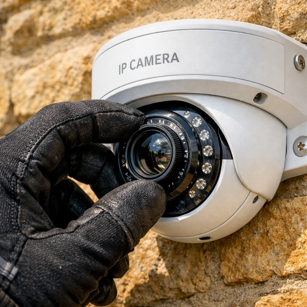 Professional technician installing a high-definition NVR IP camera on a Somerset stone wall.