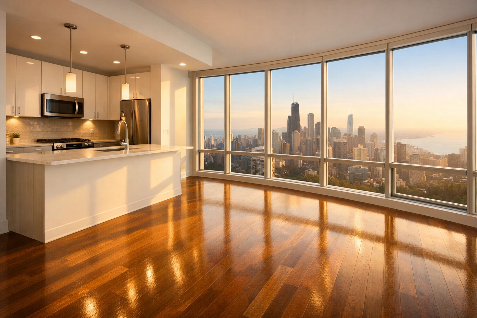Sparkling clean empty luxury apartment with polished hardwood floors and a city skyline view.