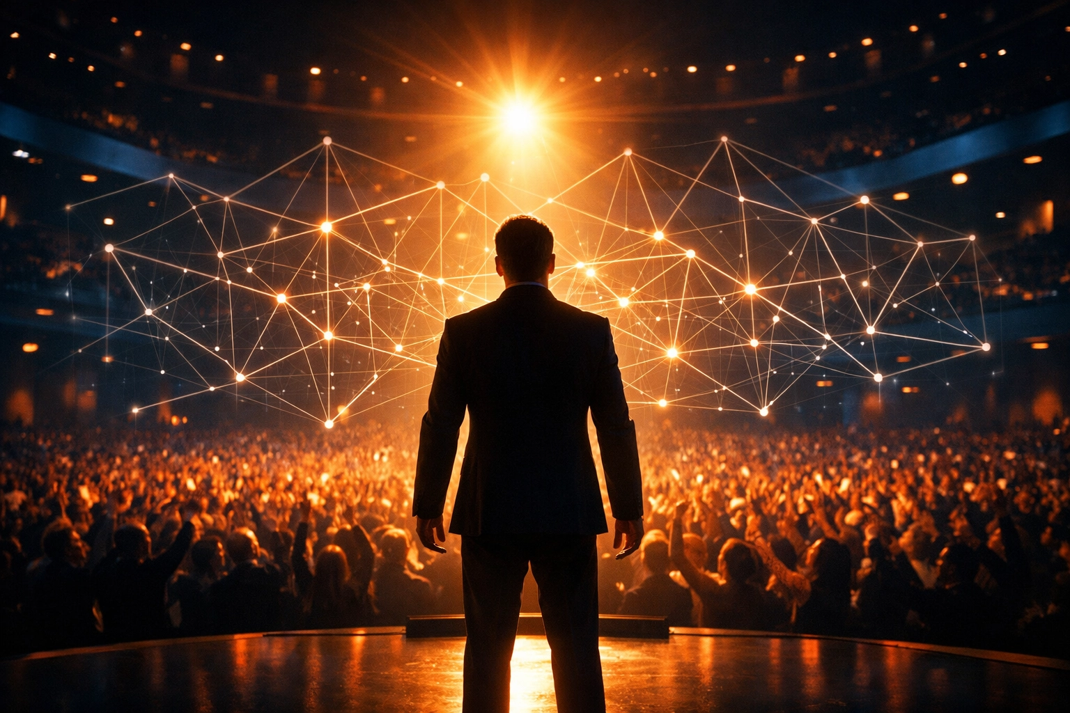 Successful professional speaker on stage supported by an invisible AI automation network.