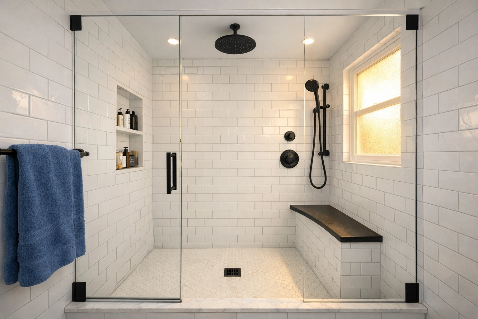 Spotless glass shower door and subway tile bathroom sanitization in Fitchburg, MA.