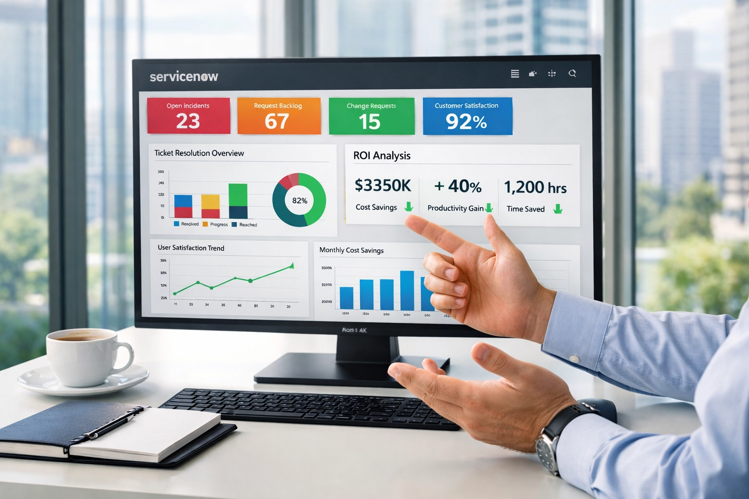 ServiceNow consulting dashboard displaying performance metrics and ROI data analysis