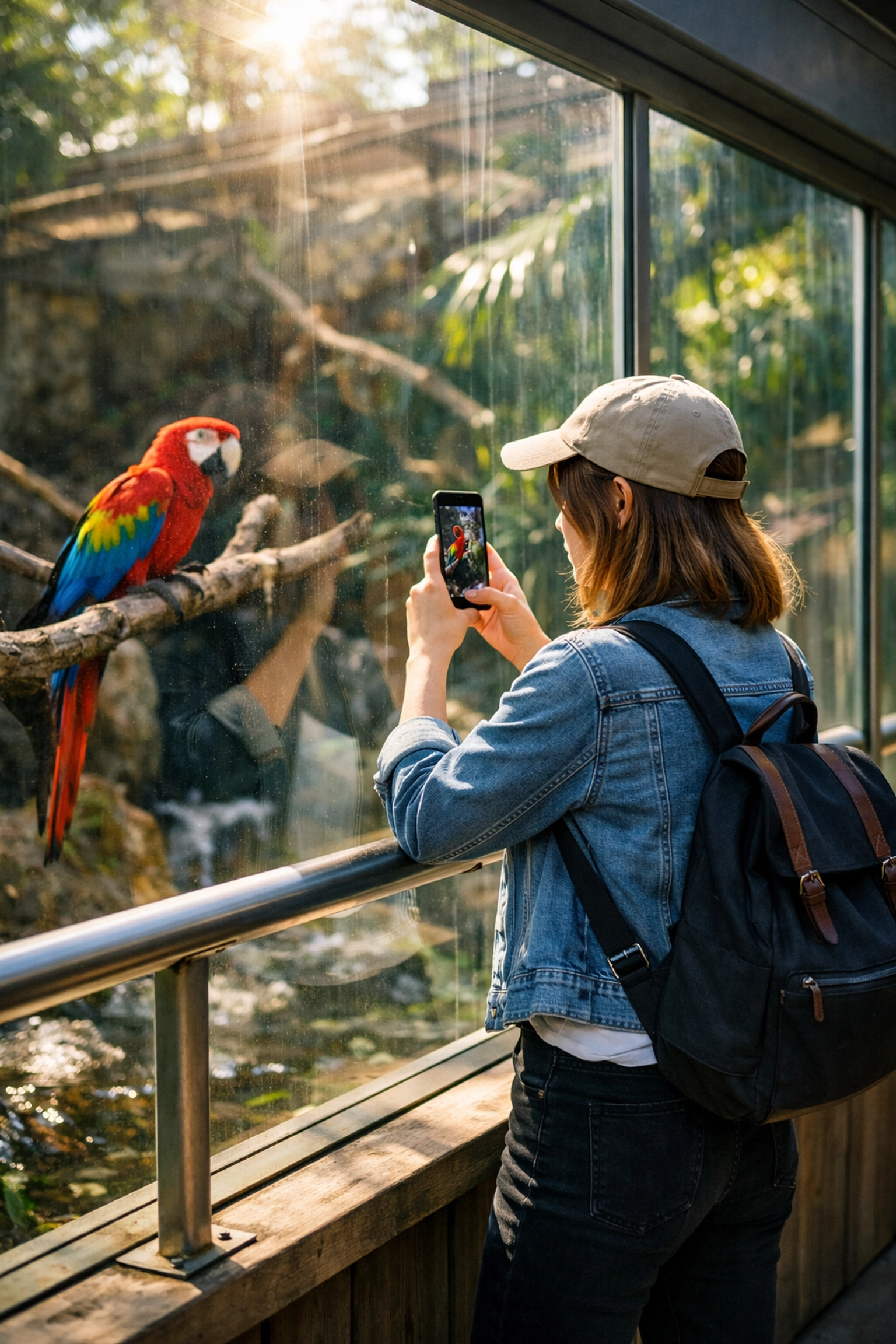 Solo visitor photographing wildlife at modern zoo viewing area with smartphone