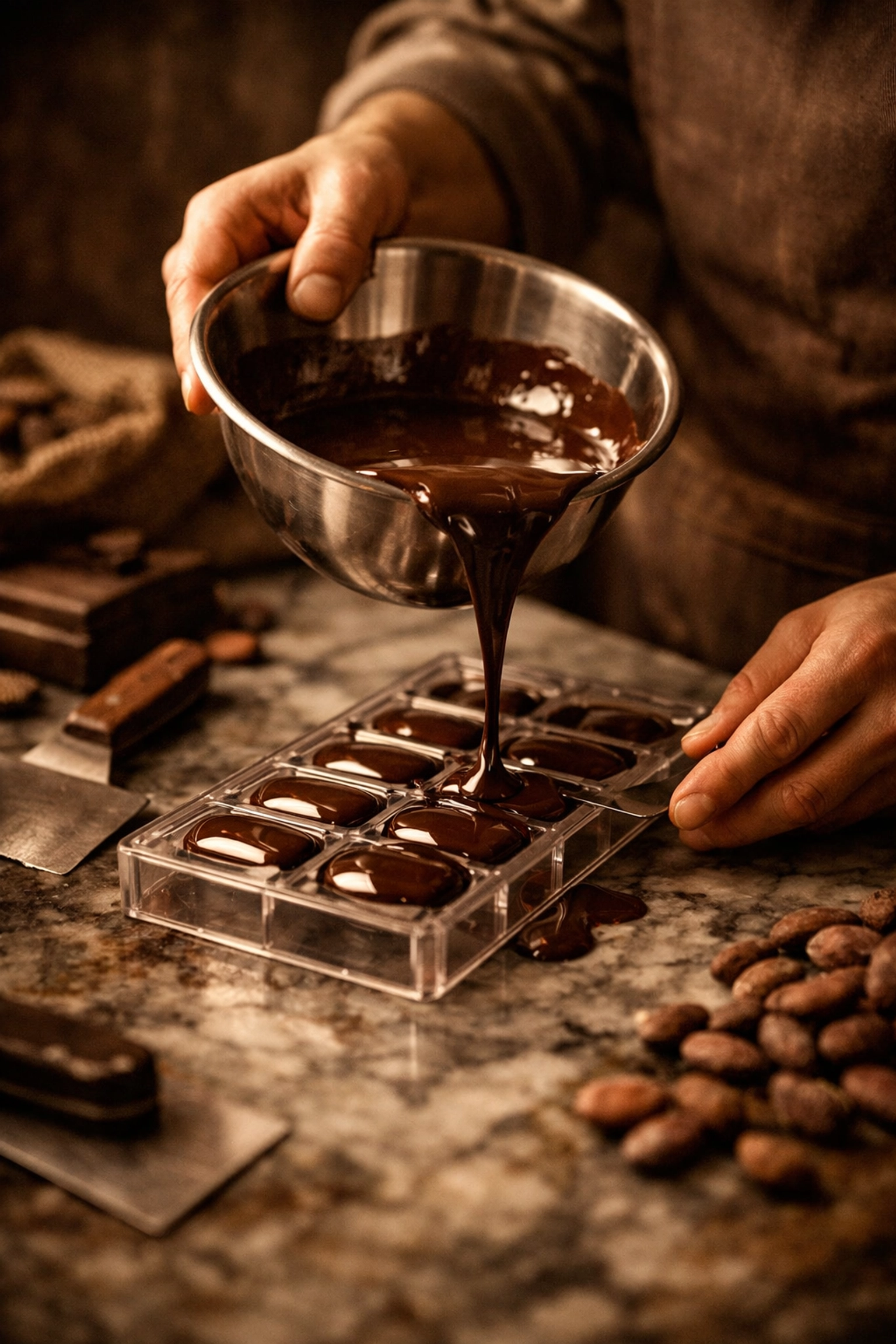 Artisan chocolatier tempering and pouring 60% dark chocolate into handcrafted molds