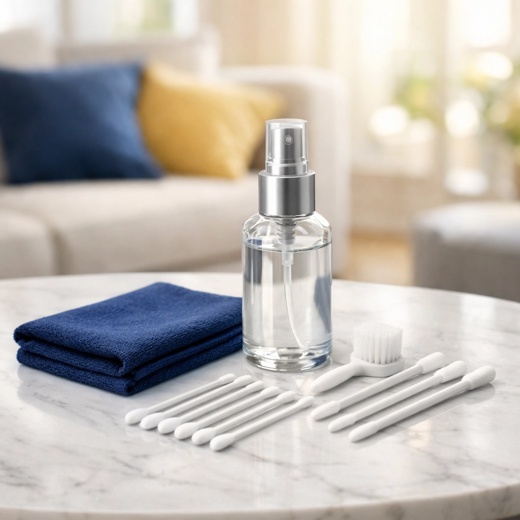 Professional cleaning kit with microfiber cloth and swabs for sanitizing a remote control hub.