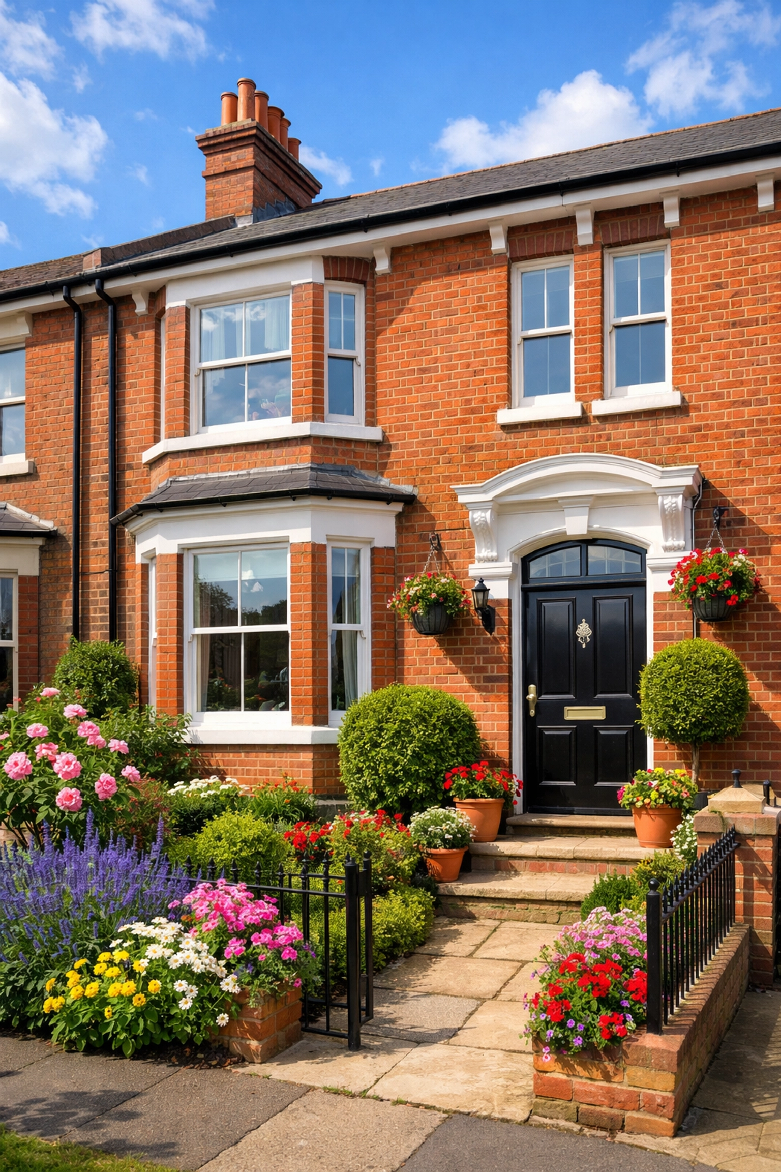 Beautiful UK terraced house with red brick facade and front garden