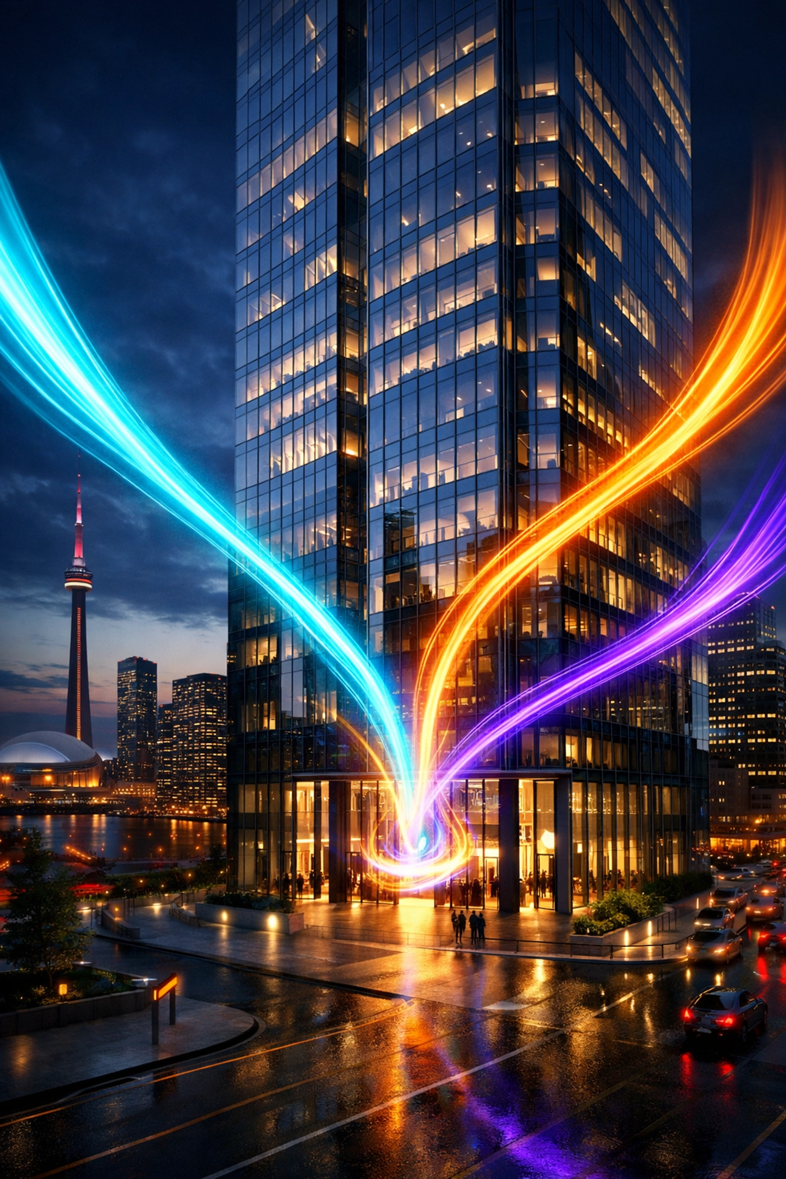 Integrated SEO, PPC, and social media marketing strategies driving traffic to a Toronto business skyscraper.