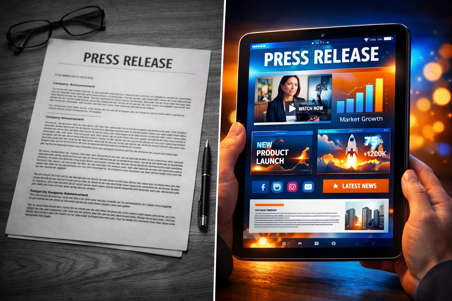 Digital press release innovation comparing traditional print format to modern multimedia tablet display