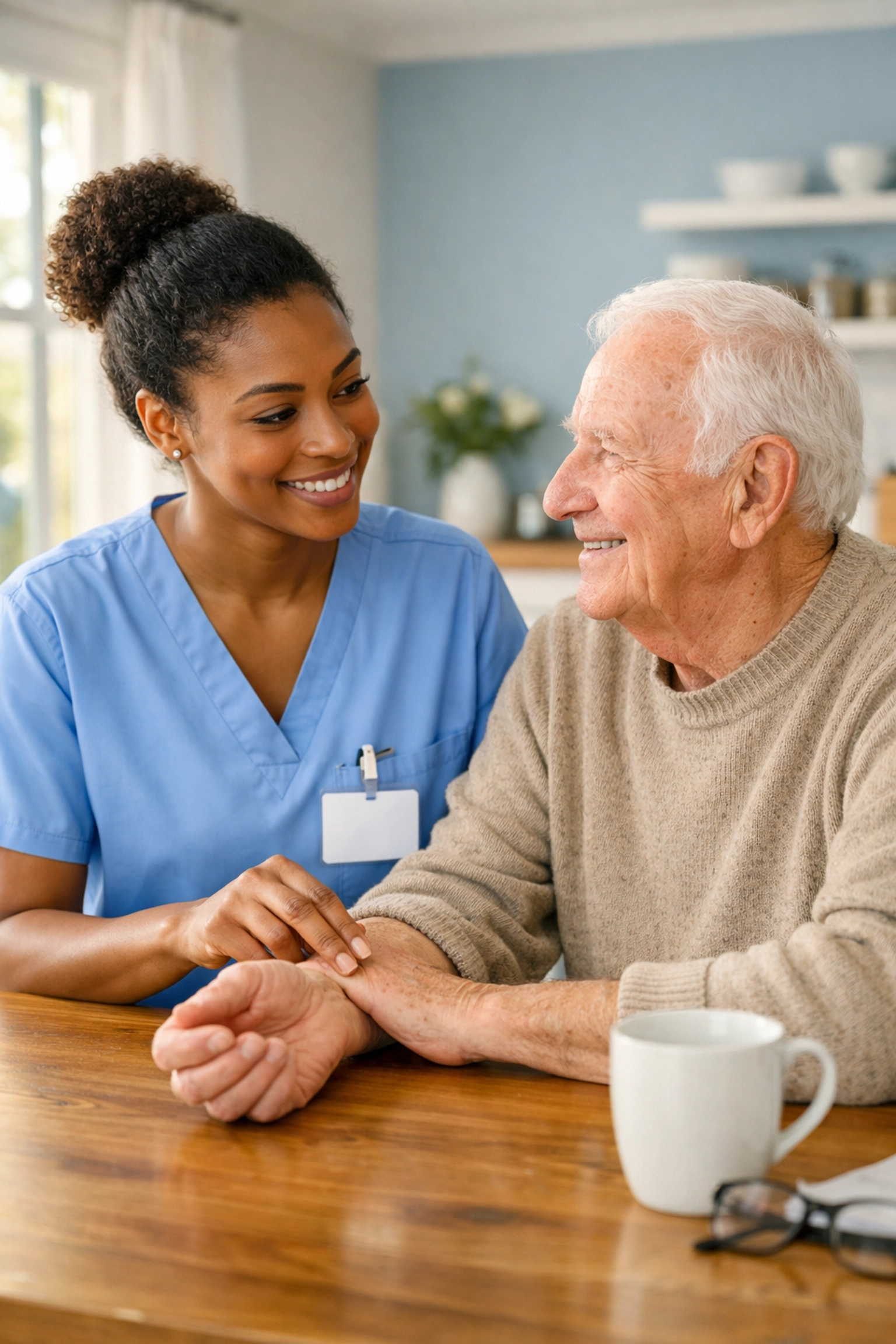 A professional caregiver checking a senior's pulse during a compassionate wellness visit in Prince William County.