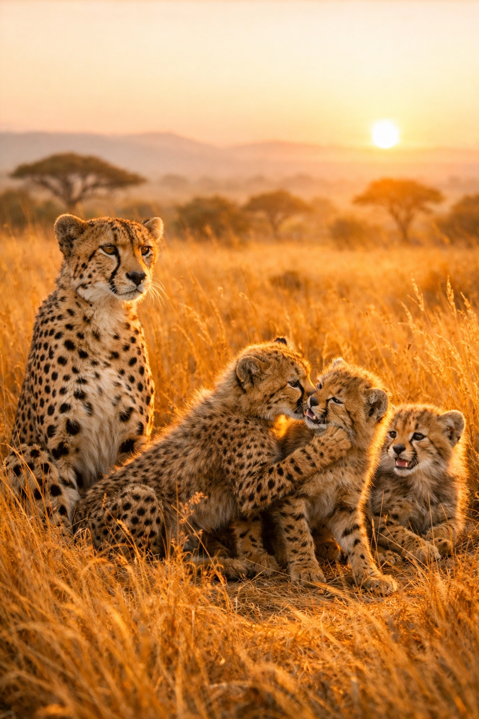 Cheetah mother with cubs in South African savanna showcasing conservation success