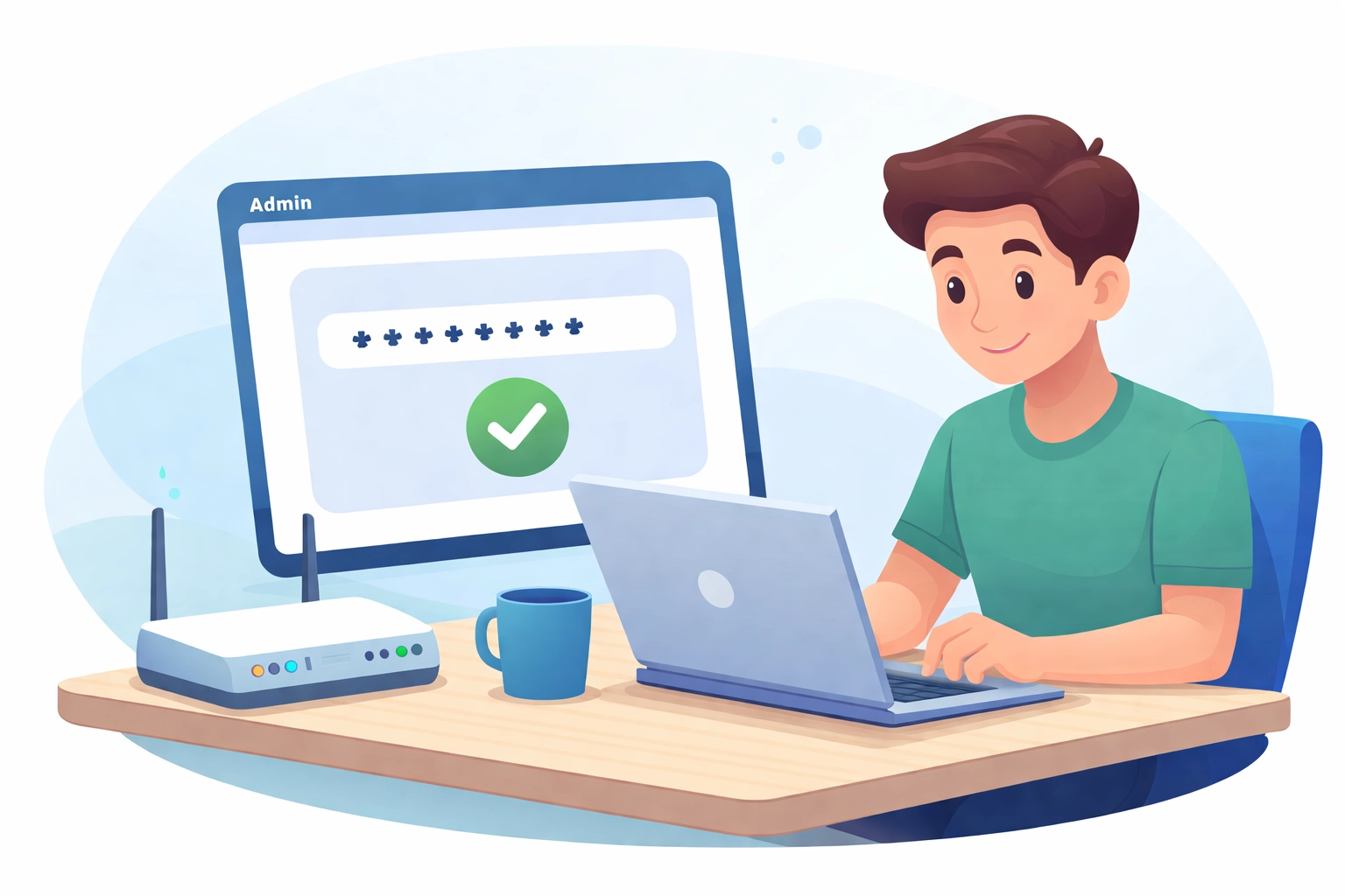 A person setting a strong password on a home router via laptop, emphasizing password protection for Venice and Port Charlotte computer networks.