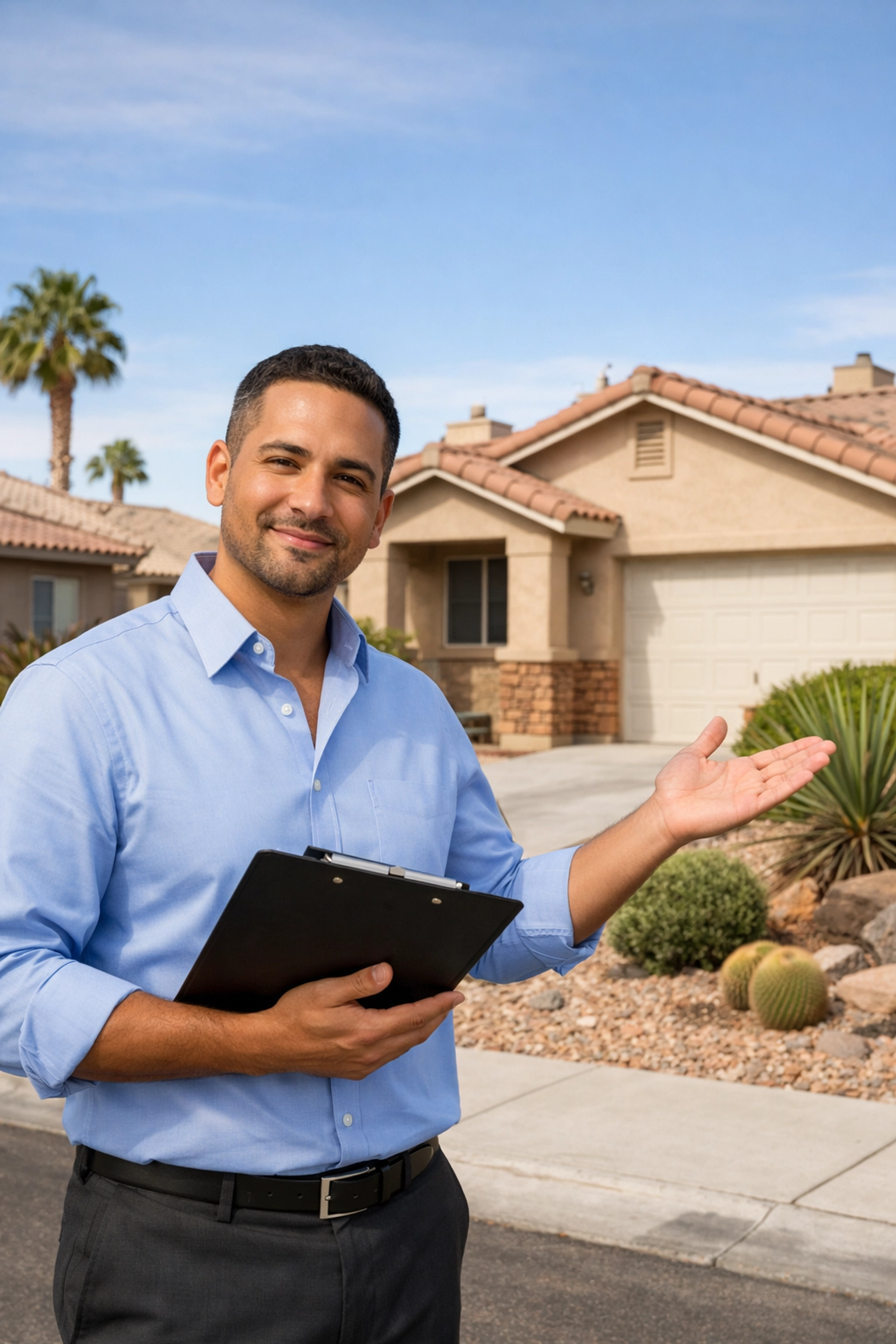 Las Vegas probate realtor consulting with family in front of inherited suburban home