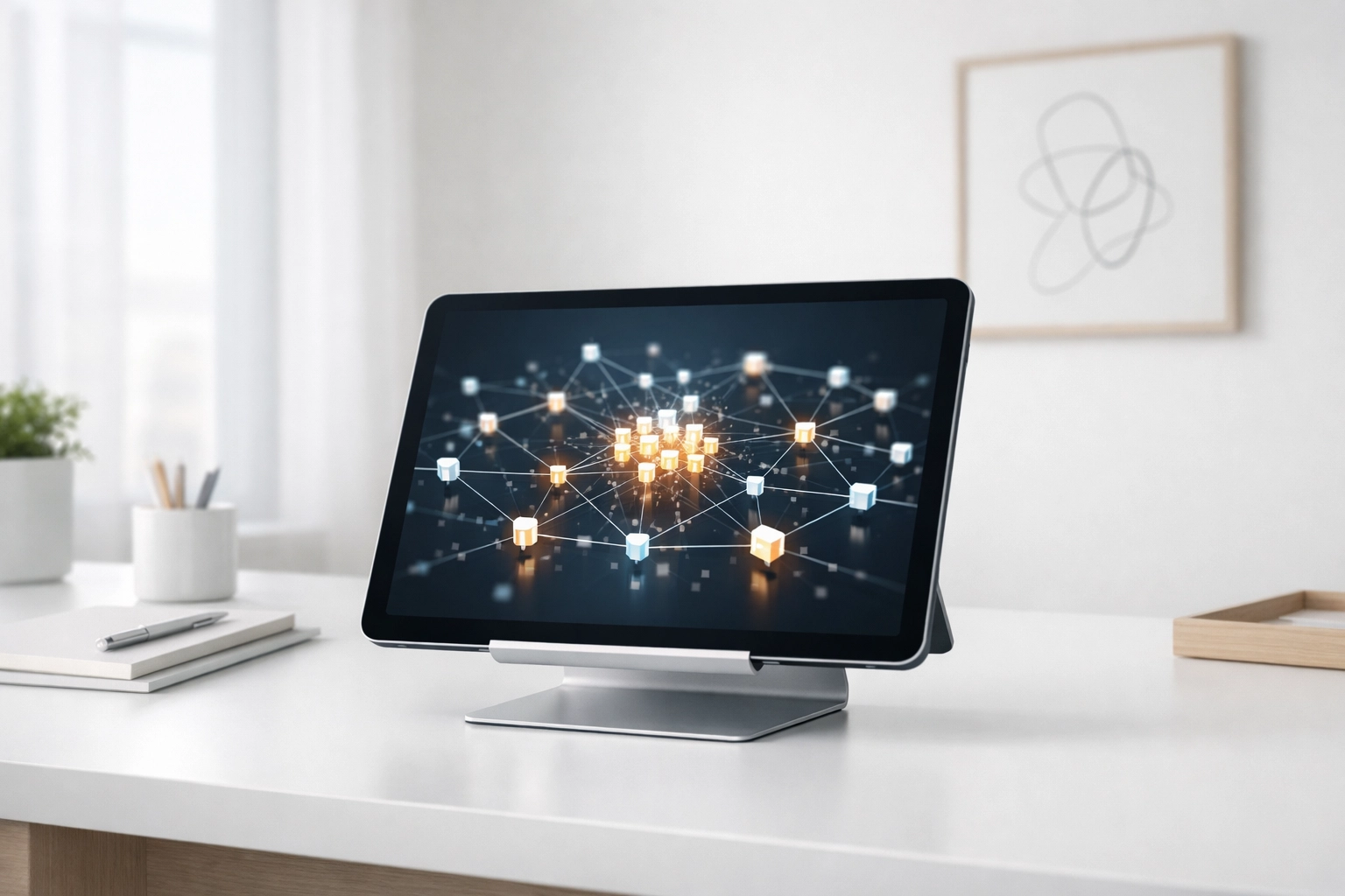 Bright workspace with a blockchain graphic on a tablet, showcasing digital asset tax certification.