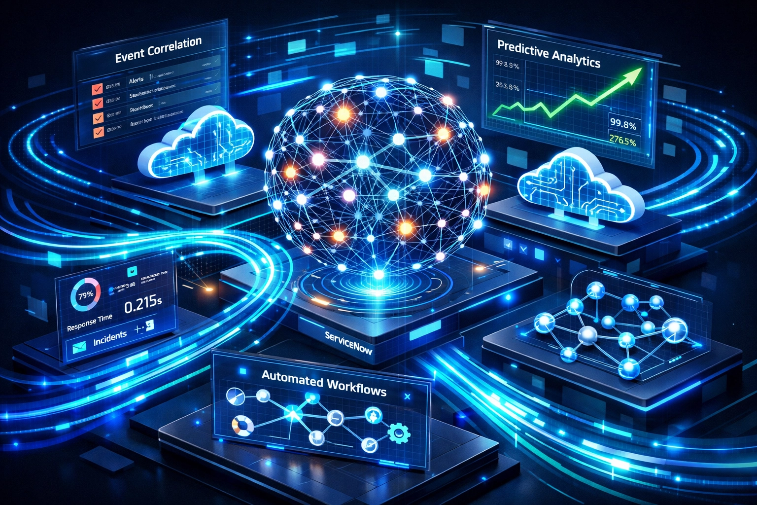 AI-powered ServiceNow platform showing predictive analytics and automated incident correlation for ITOM resilience