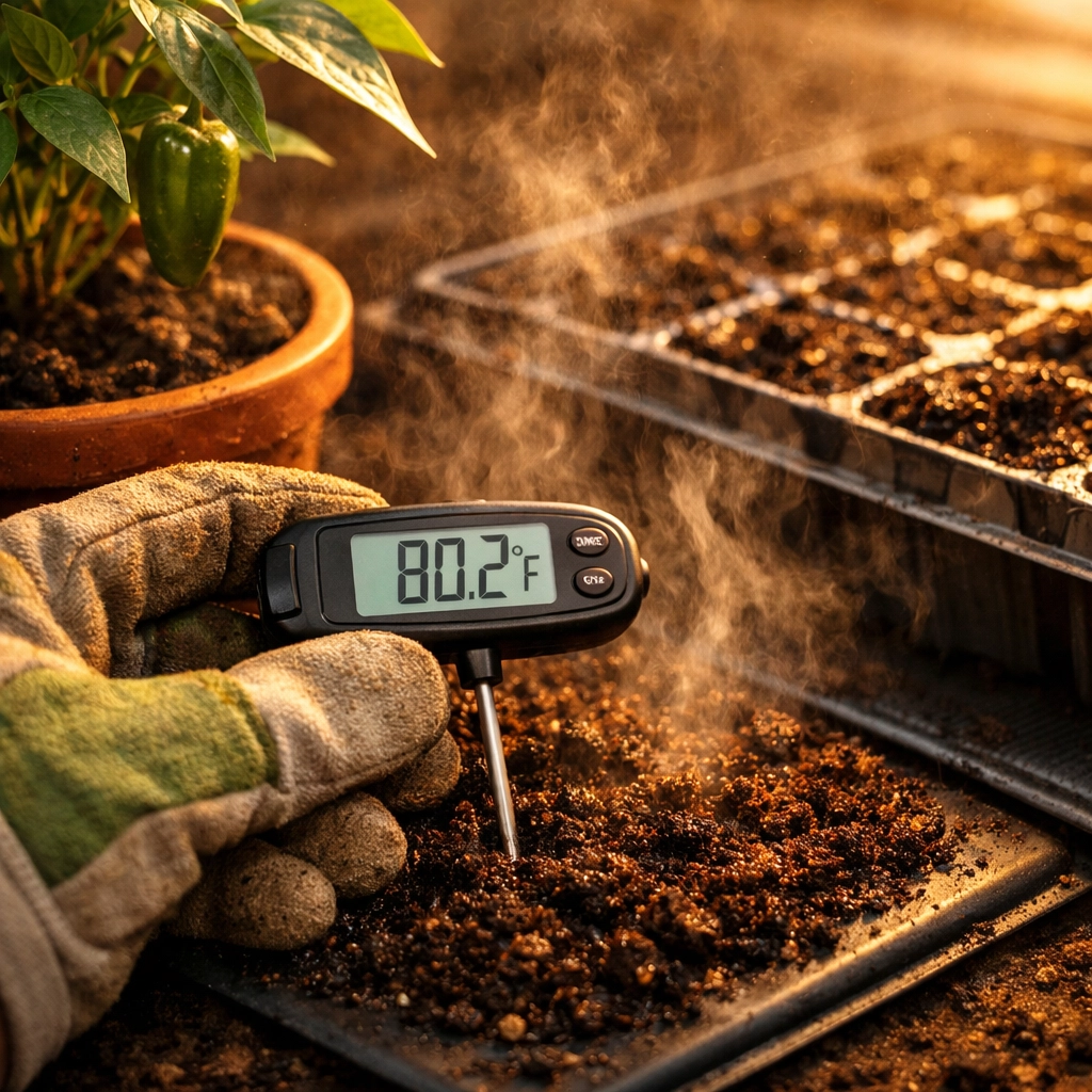 Checking soil temperature with thermometer on heating mat for ghost pepper seedlings