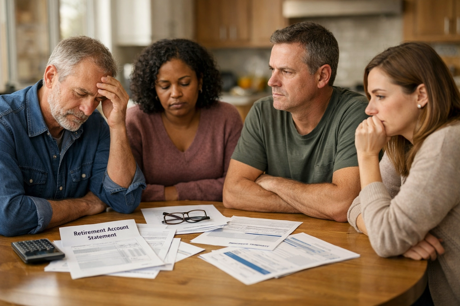 Family avoiding conversation about uncertain Wall Street retirement plans with financial stress