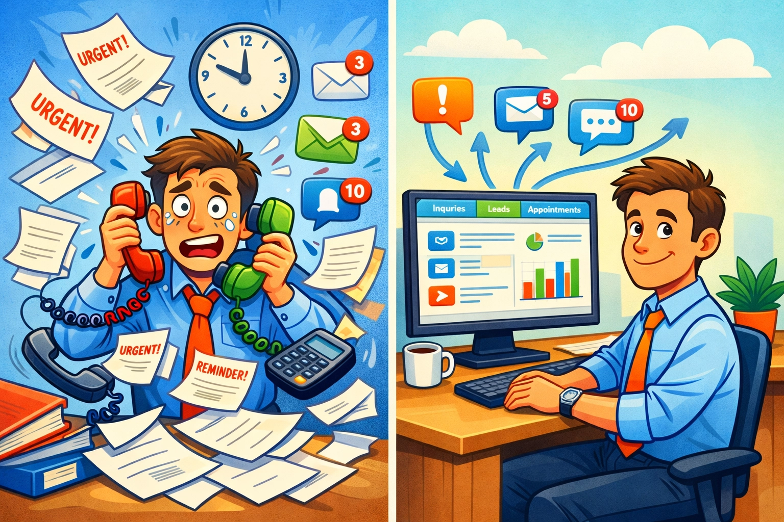 Business owner managing enquiries: chaos with multiple phones vs organized dashboard system