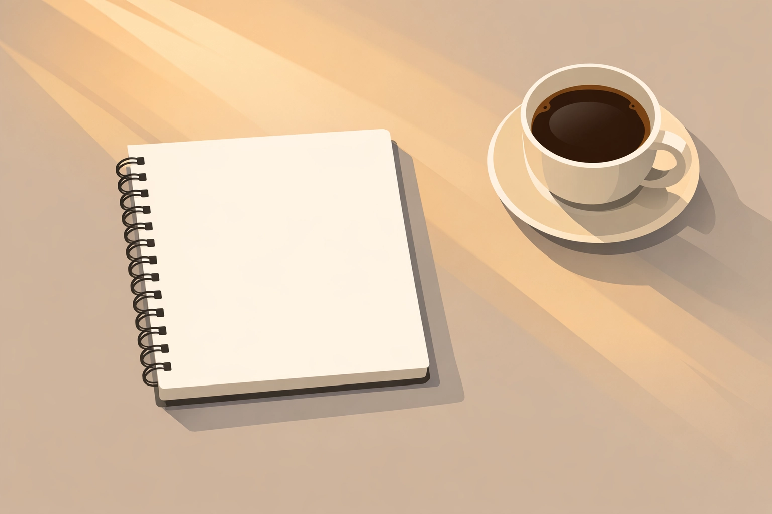 Empty creative workspace with notebook and coffee representing the quiet moment before inspiration begins