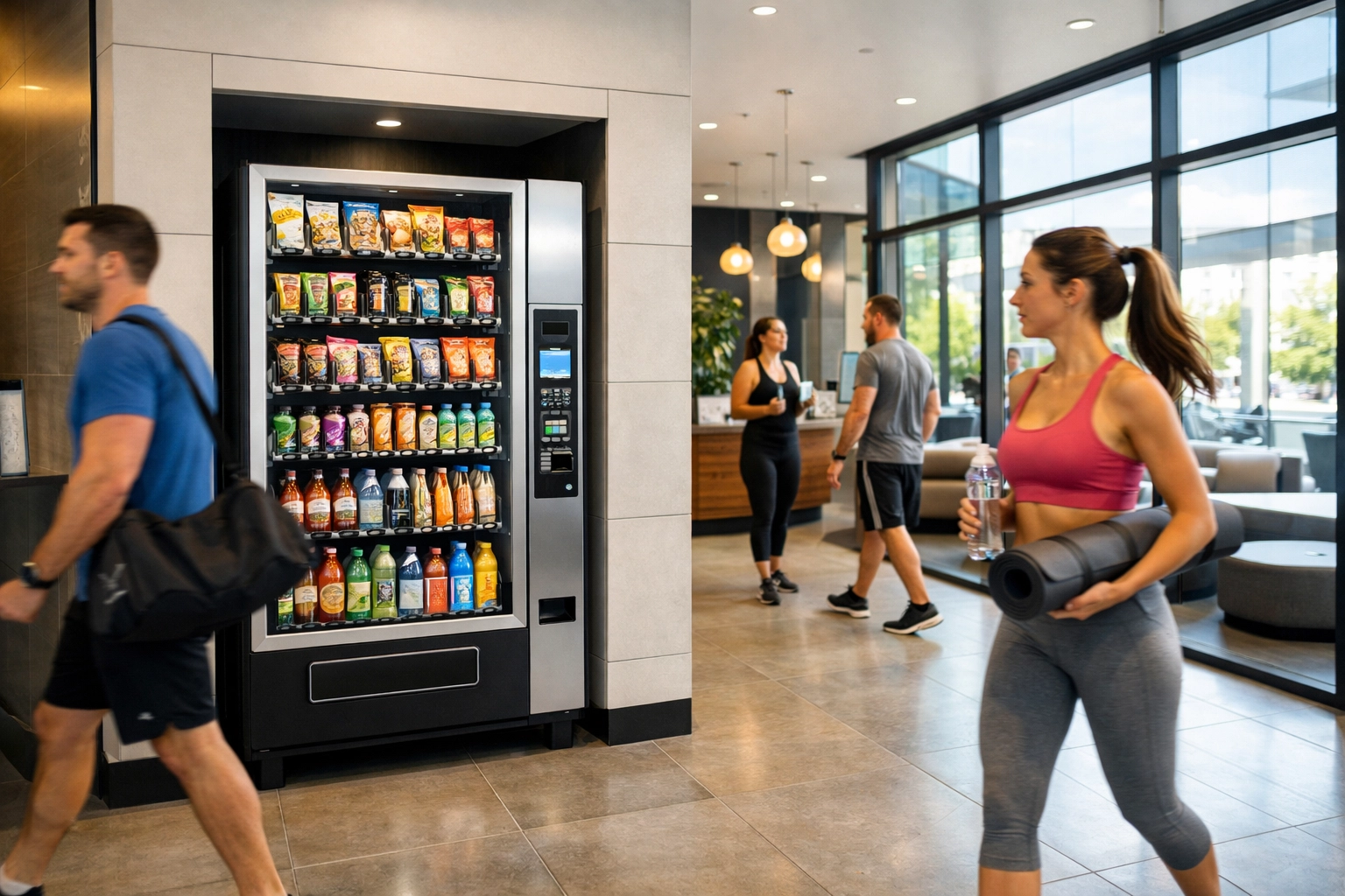 Modern vending machine with healthy snacks in a high-traffic fitness center lobby location.