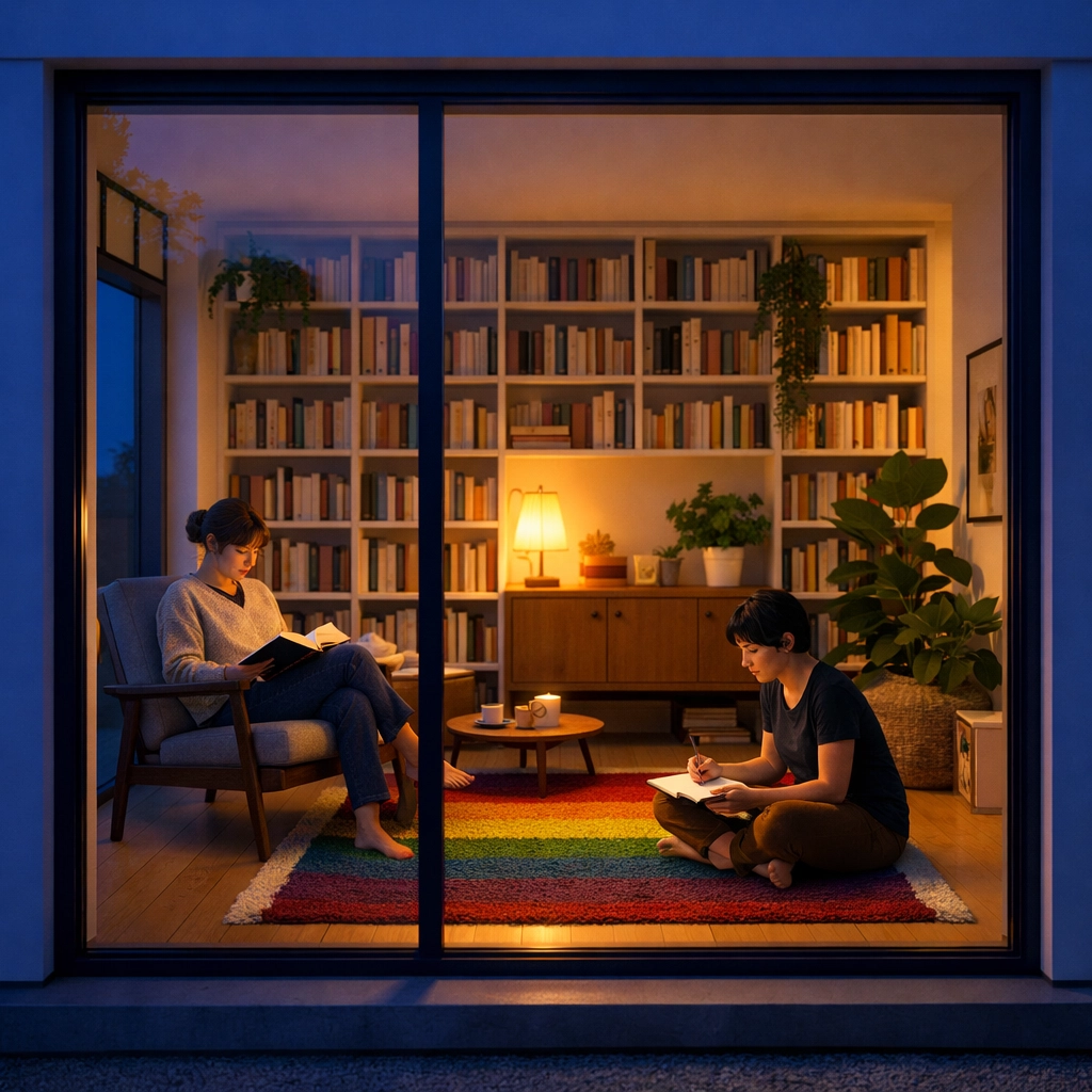Two women enjoying a quiet evening of reading and art in a modern home, reflecting themes in gay literature.