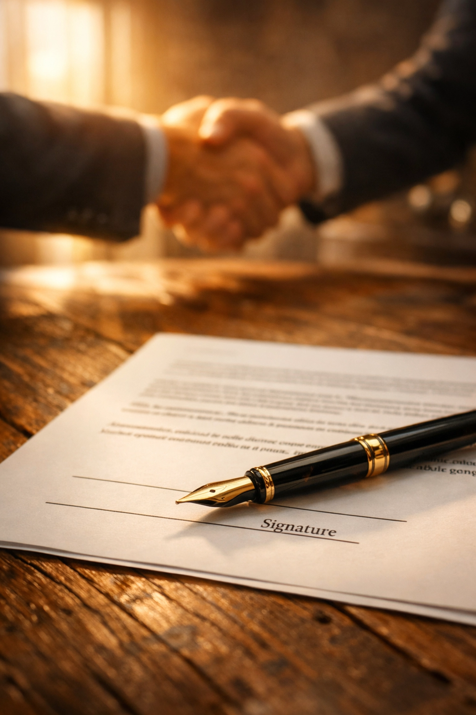 Signed legal document and pen in a Bloomington office, ensuring family law agreements are legally binding.