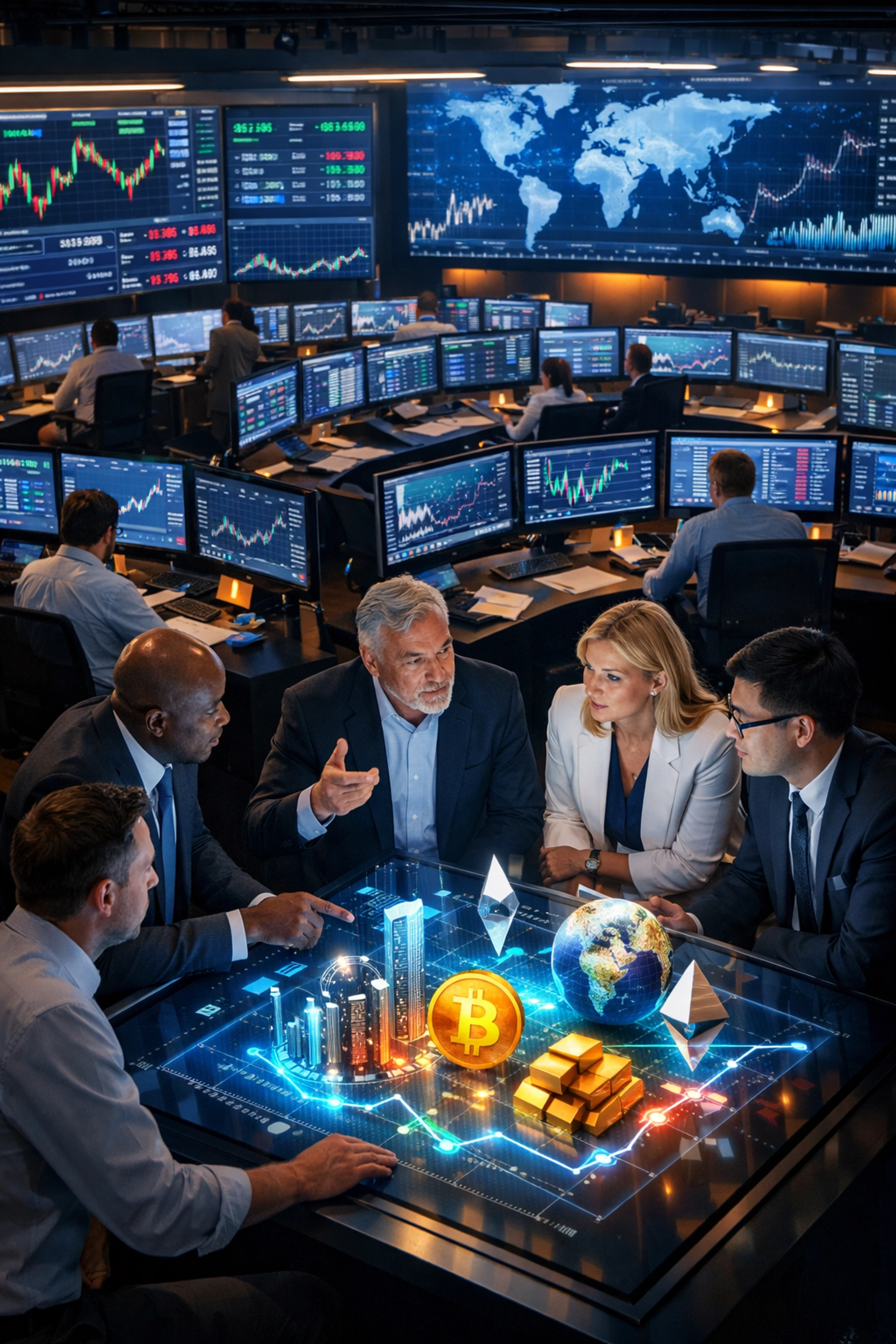 Institutional trading floor with fund managers analyzing Bitcoin and digital asset portfolio allocations