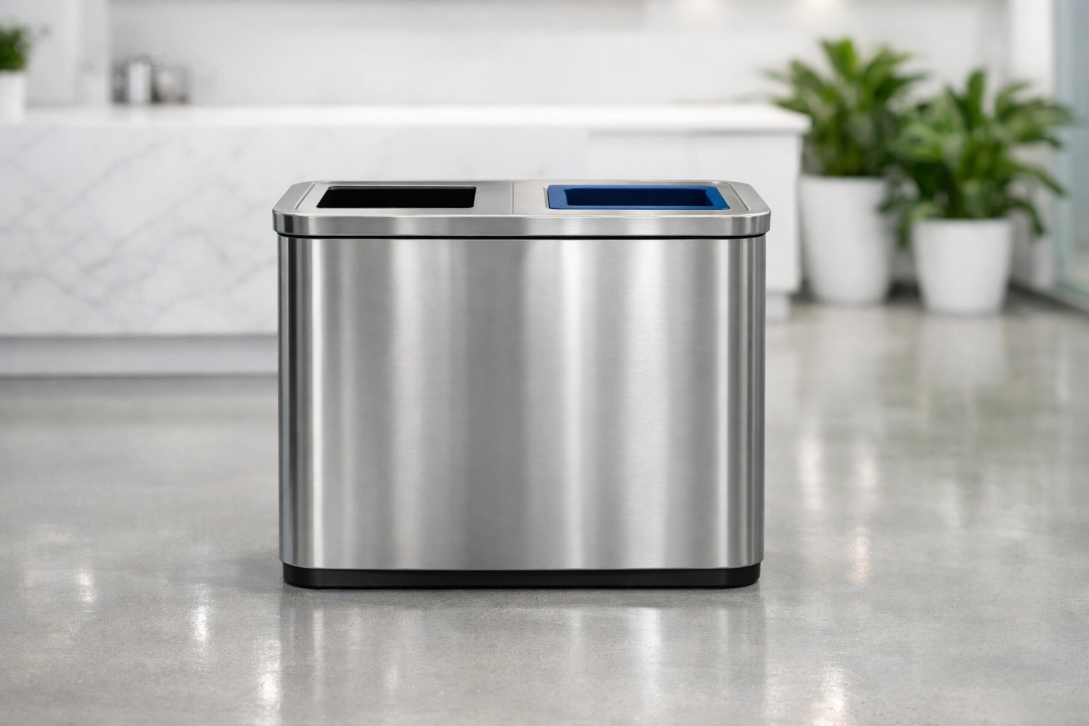 Professional stainless steel trash station in a clean Indianapolis office breakroom showing proper bin hygiene.