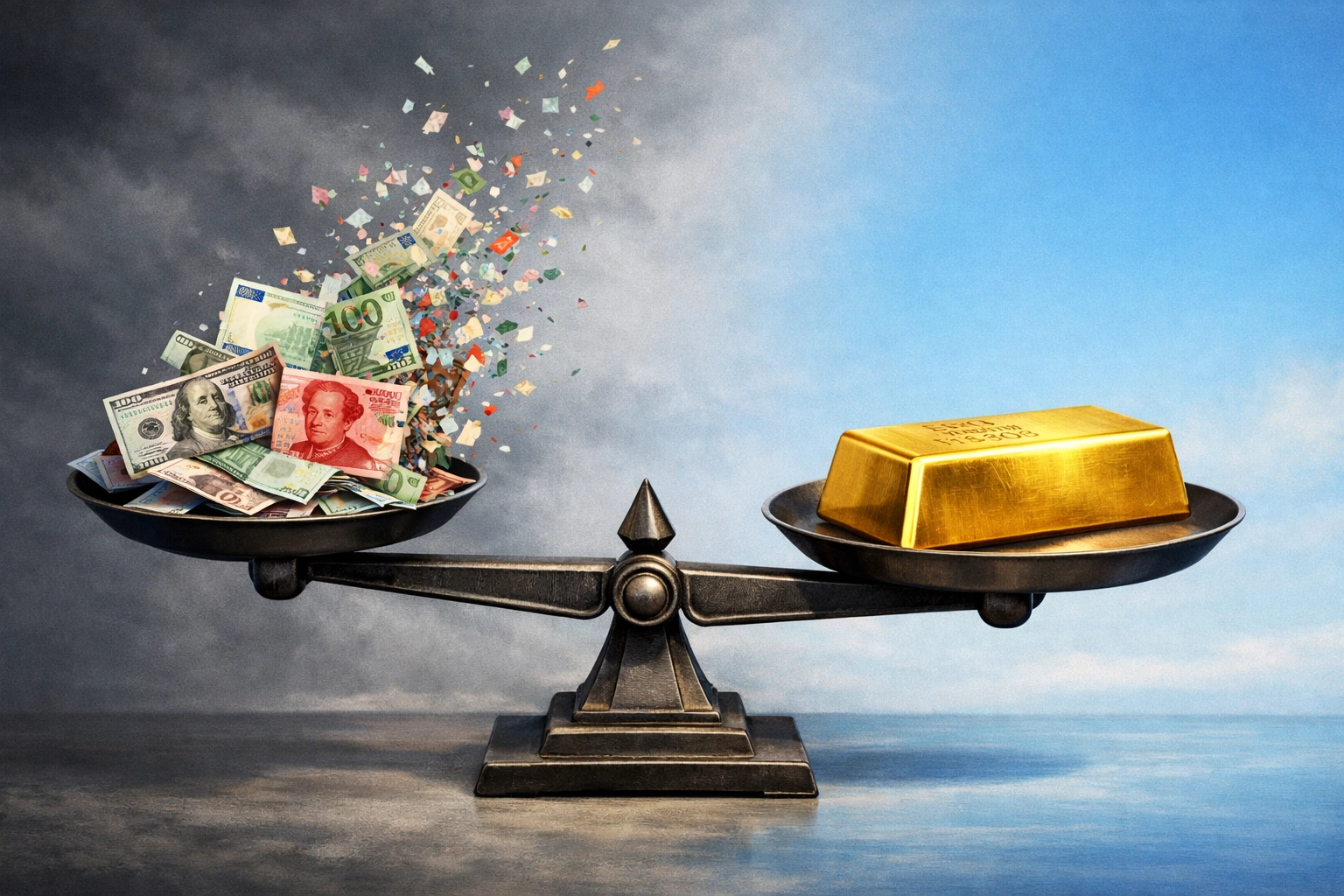 Gold bar outweighs paper currencies on scale showing trust in hard assets over dollars