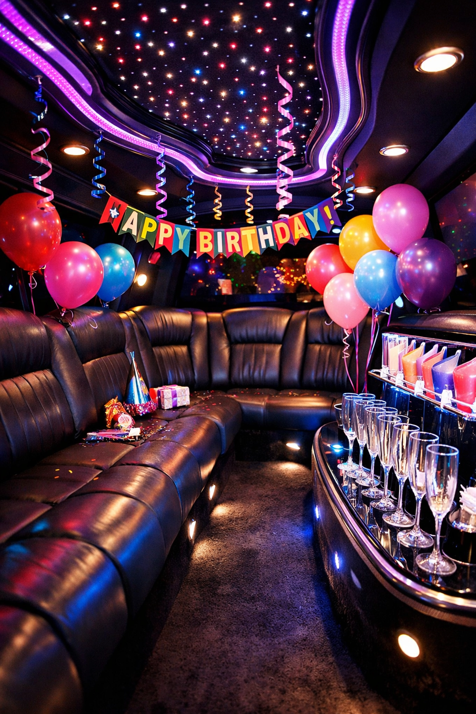 Limousine interior decorated with balloons and birthday decorations for Pittsburgh party