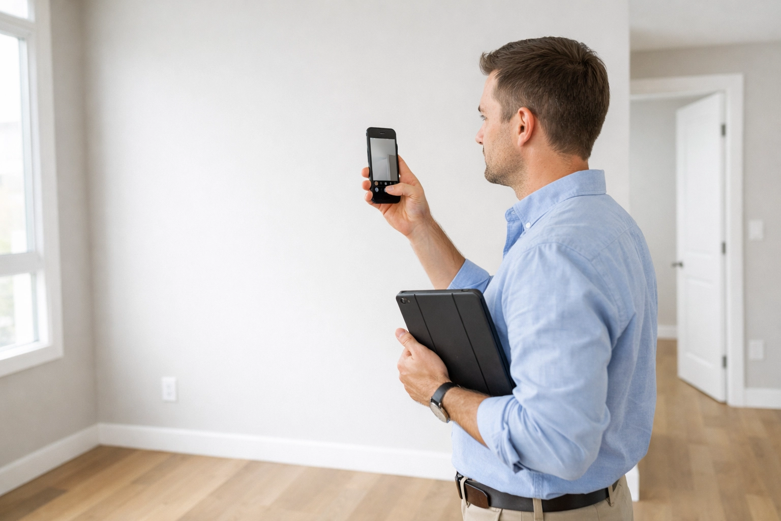 Property manager documenting apartment condition during move-out inspection with tablet and phone