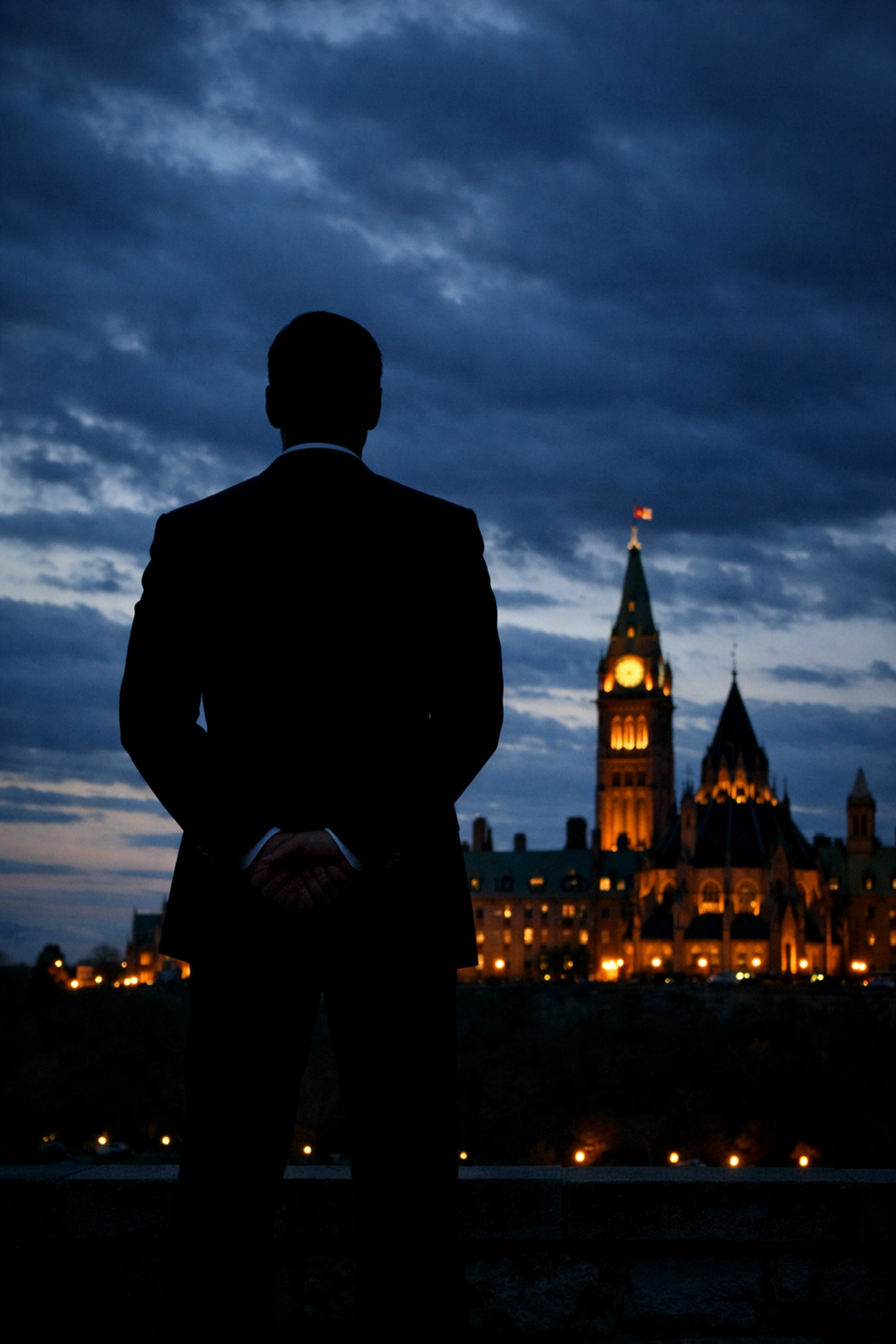 Canadian leader overlooking Parliament Hill contemplating national trade policy response