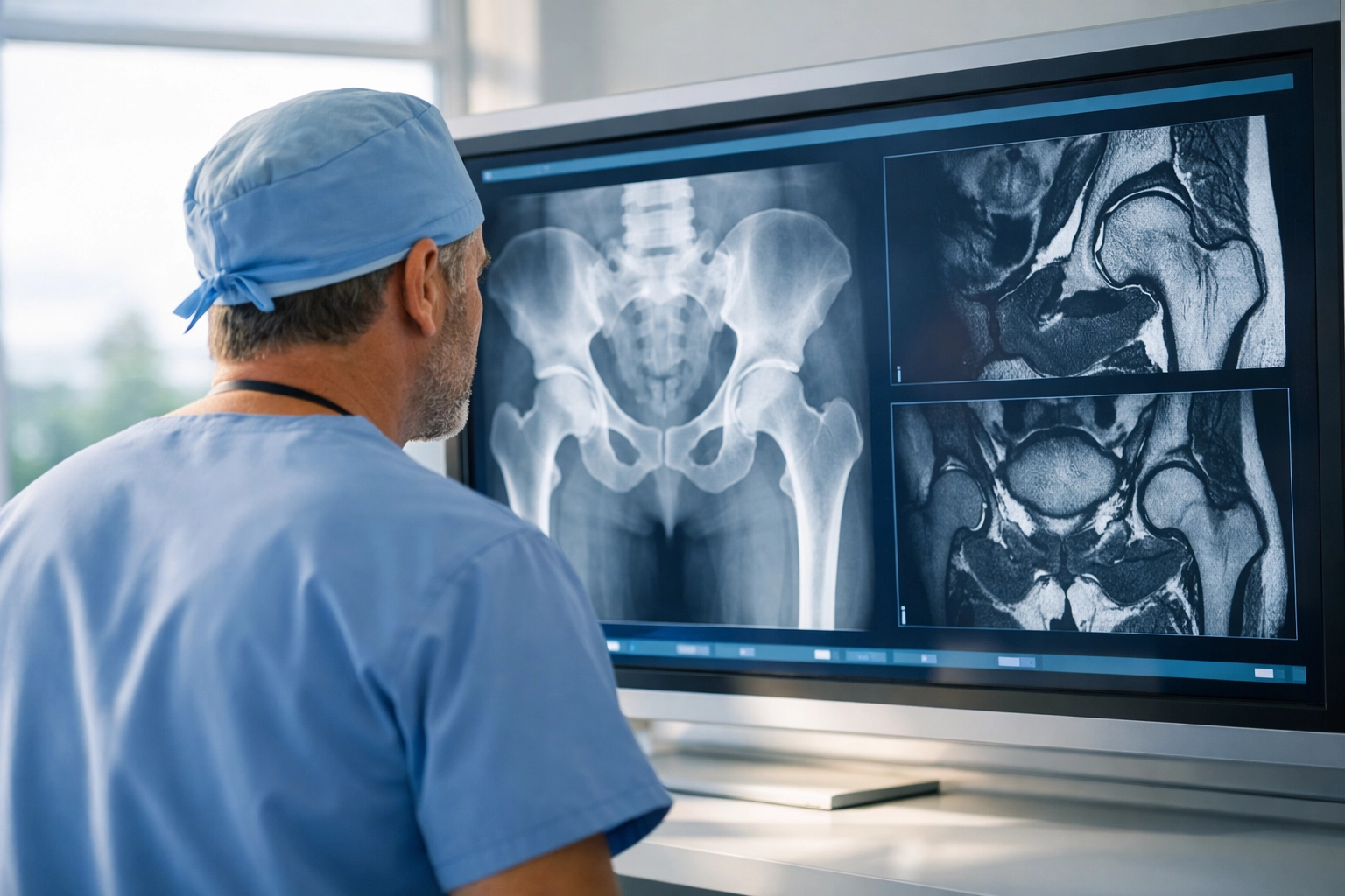 Orthopedic surgeon reviewing hip X-ray and MRI scans to diagnose a labral tear