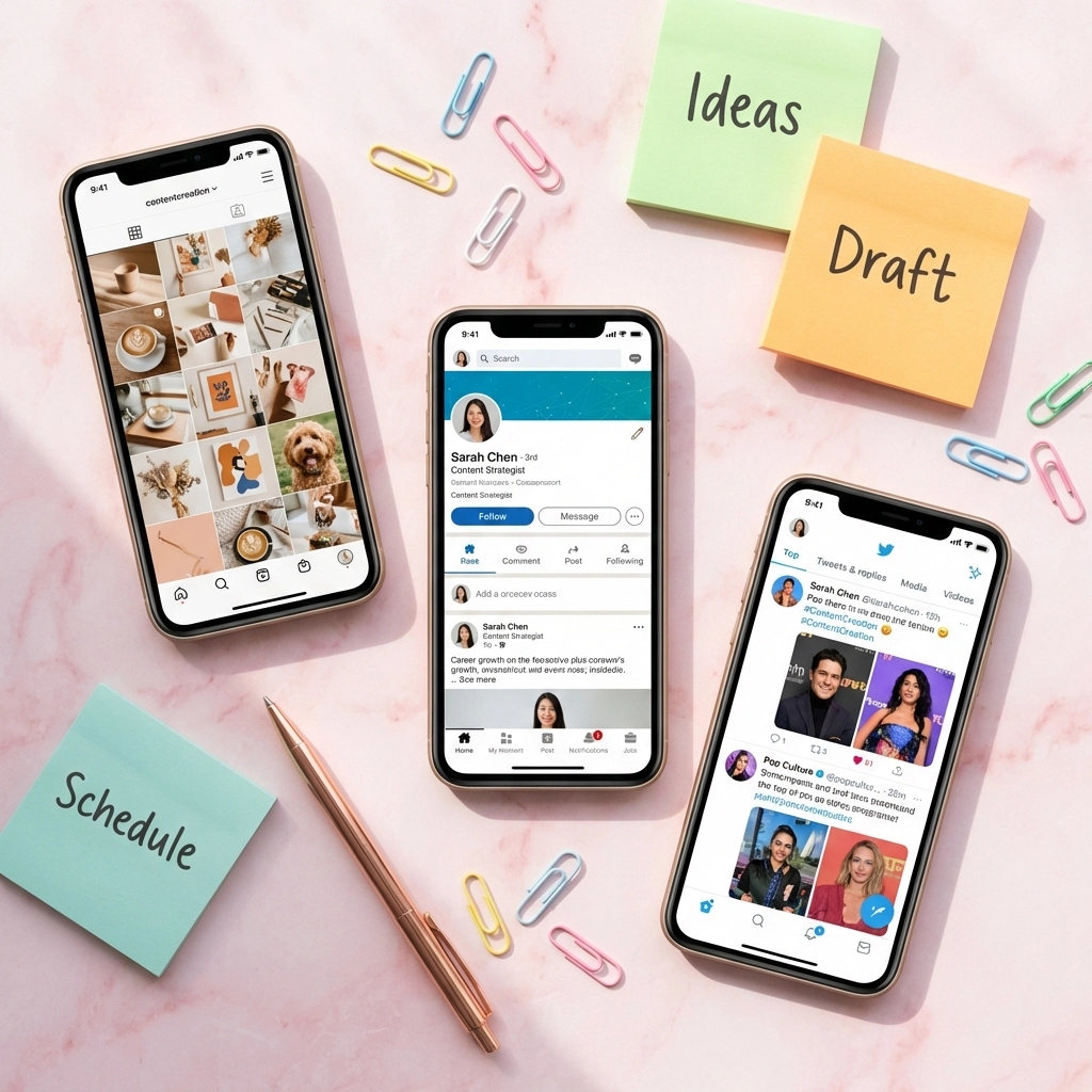 Flat-lay of three smartphones with social media apps, showing tailored content strategies for different platforms.